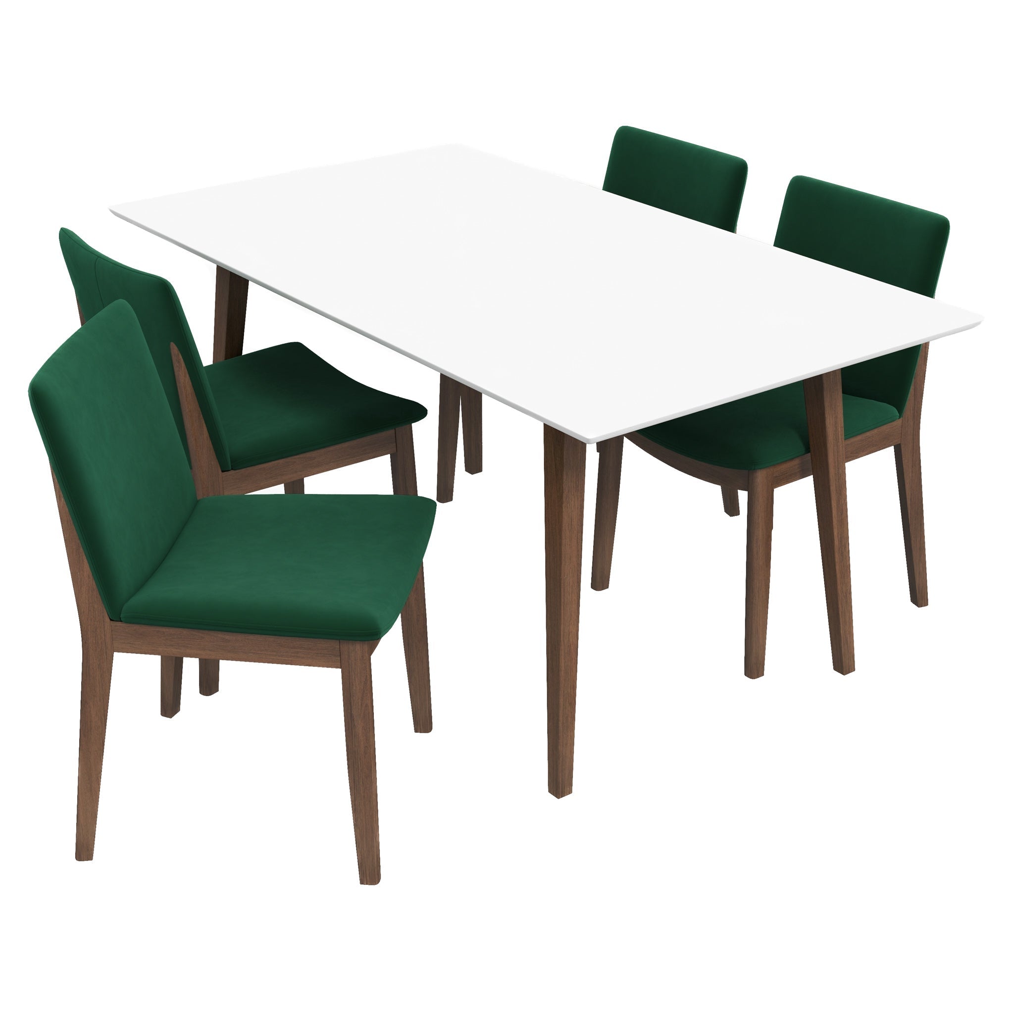 Alpine Large White Dining Set with 4 Virginia Green Velvet Dining Chairs