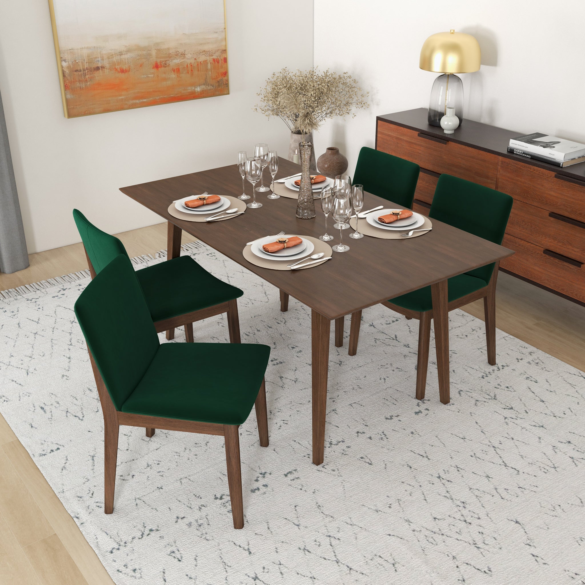 Alpine Large Walnut Dining Set with 4 Virginia Green Velvet Dining Chairs