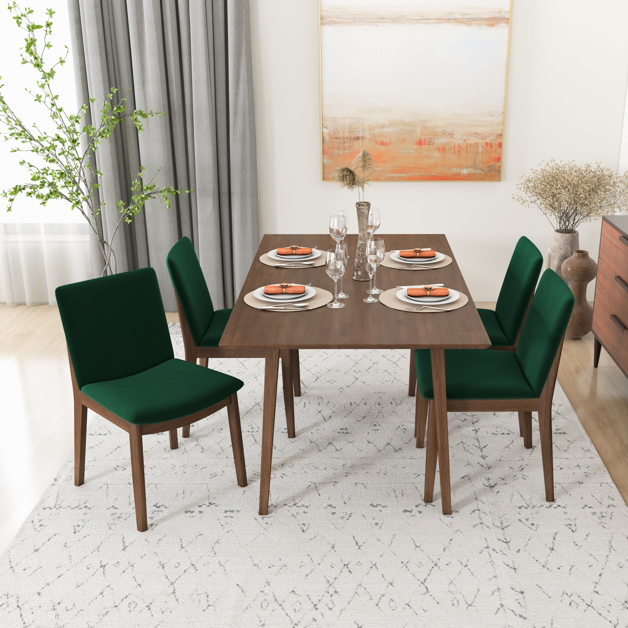 Alpine Large Walnut Dining Set with 4 Virginia Green Velvet Dining Chairs