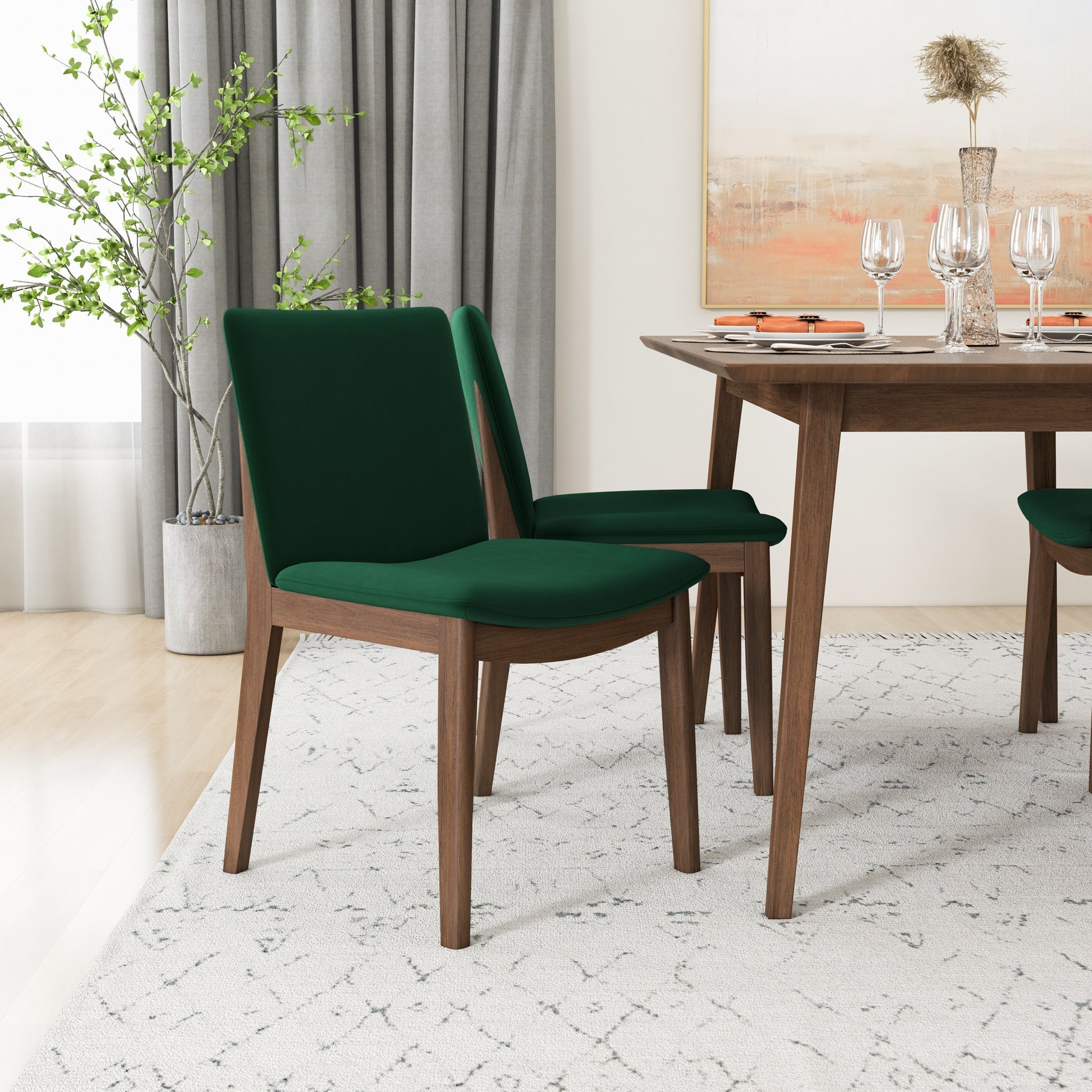 Alpine Large Walnut Dining Set with 4 Virginia Green Velvet Dining Chairs