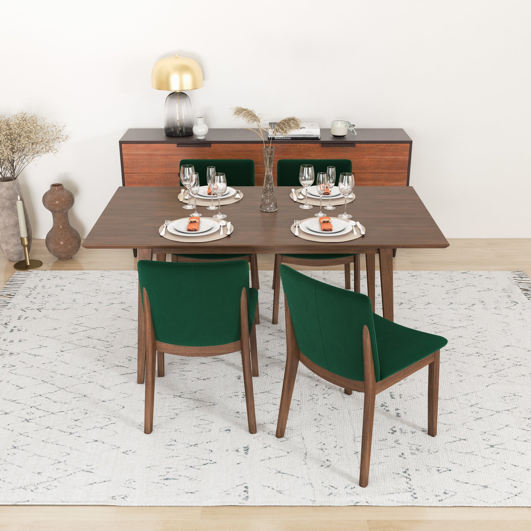 Alpine Large Walnut Dining Set with 4 Virginia Green Velvet Dining Chairs