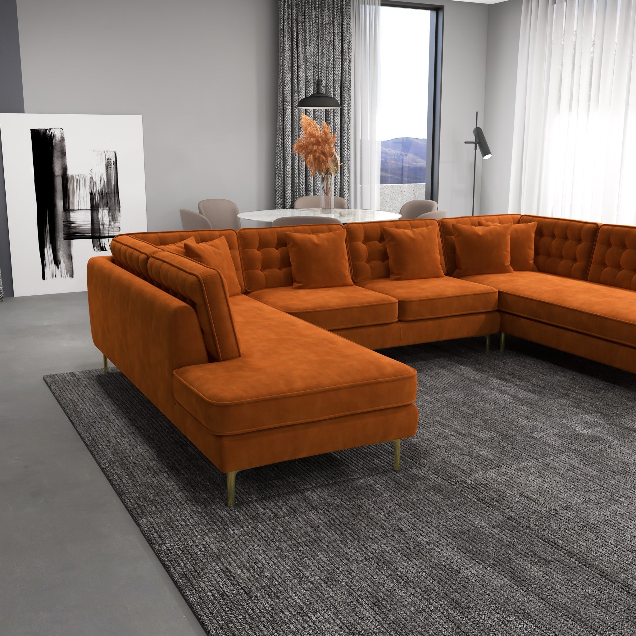 Caleb U Shape Corner Sofa Burnt Orange Velvet