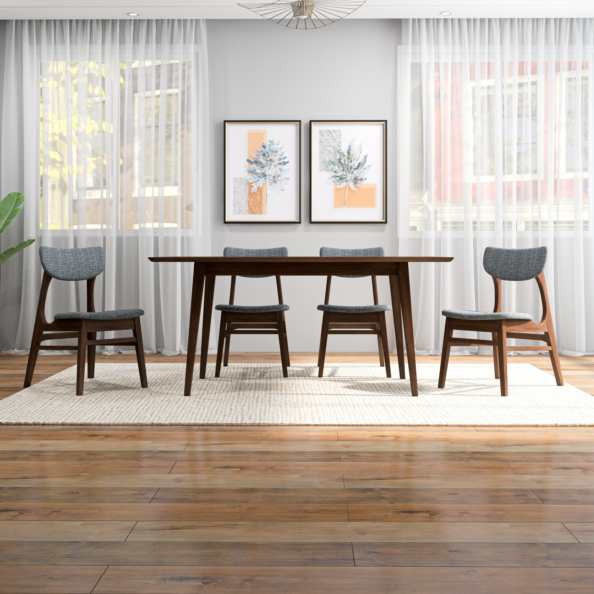 Adira Large Walnut Dining Set with 4 Collins Grey Dining Chairs