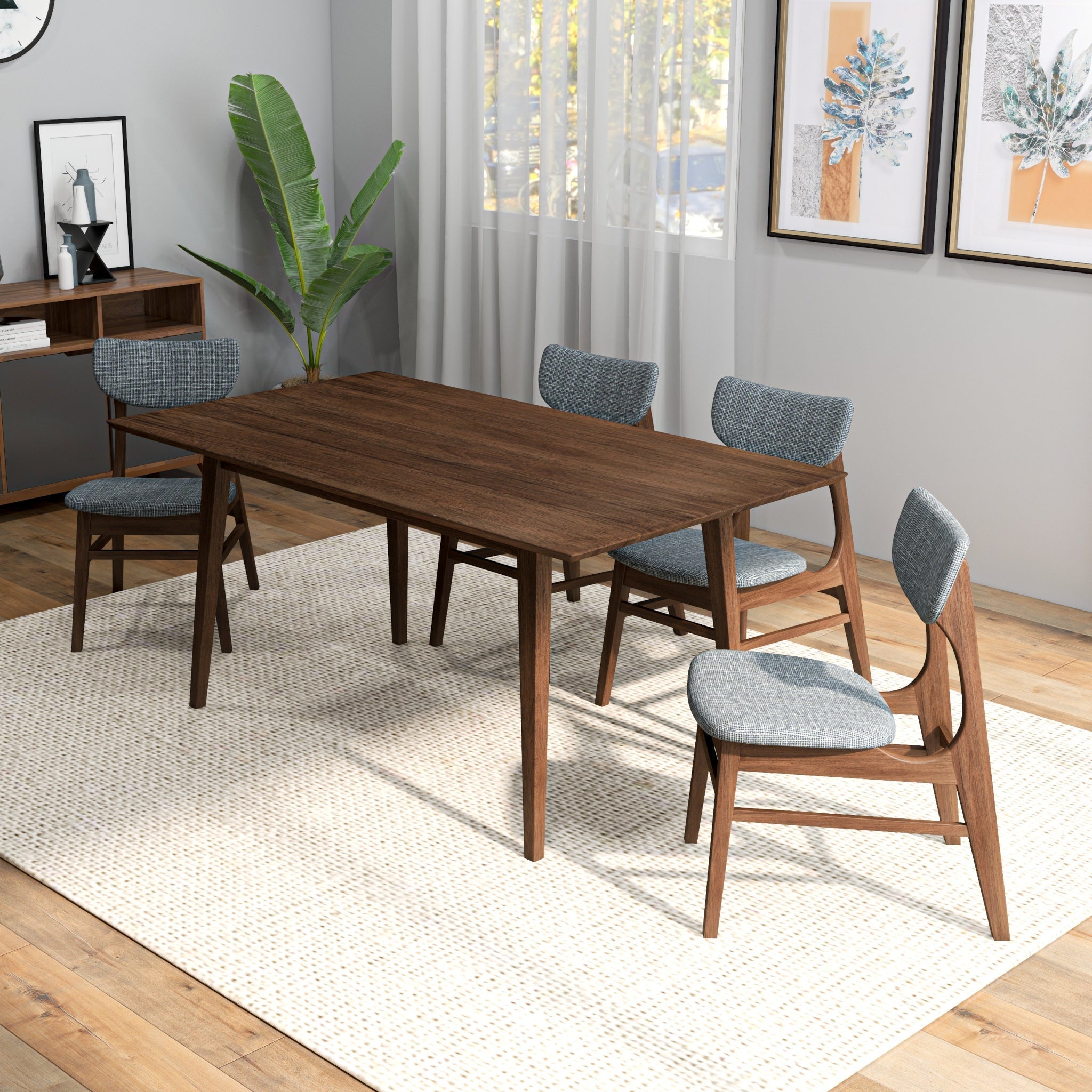 Adira Large Walnut Dining Set with 4 Collins Grey Dining Chairs