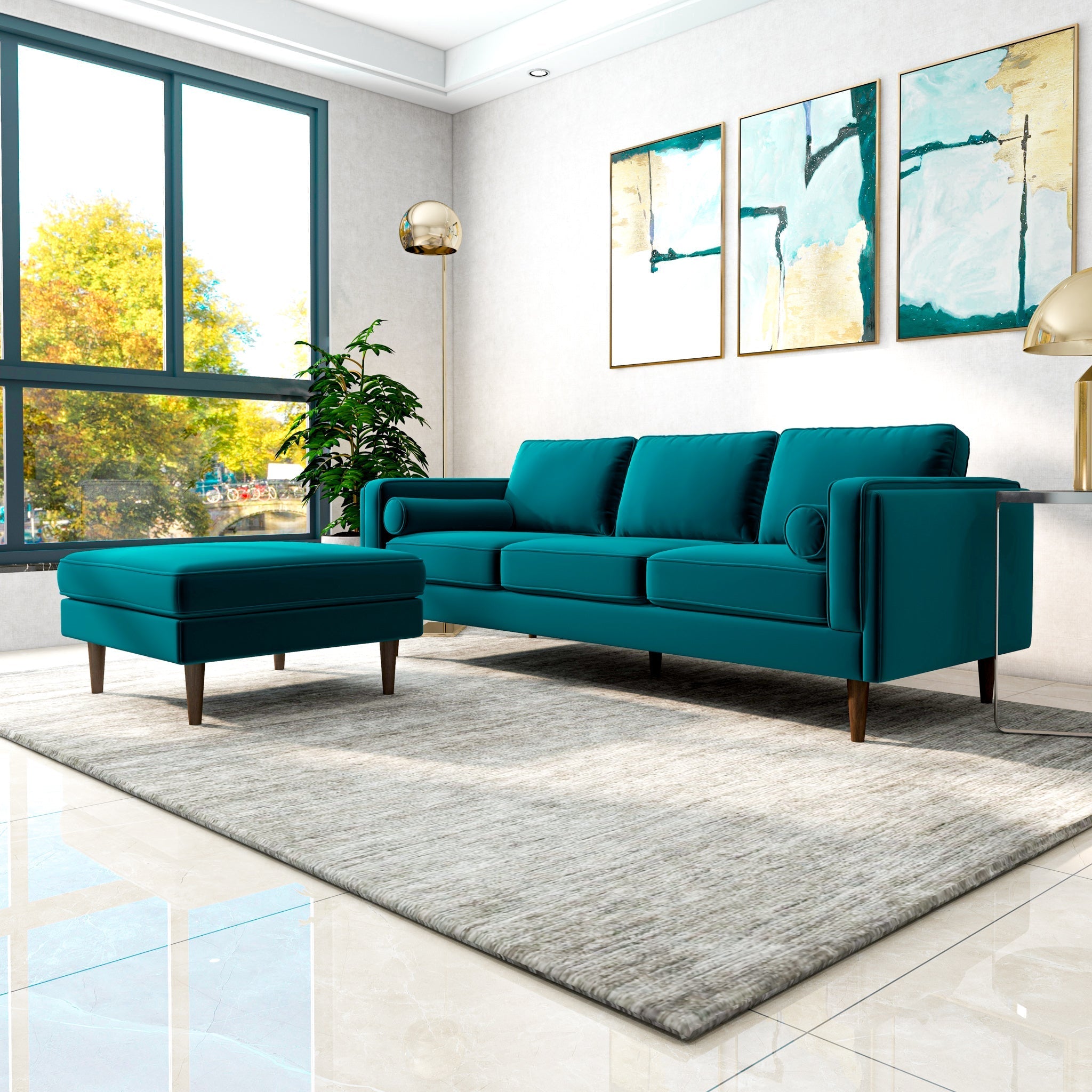 Fordham Ottoman Teal Velvet