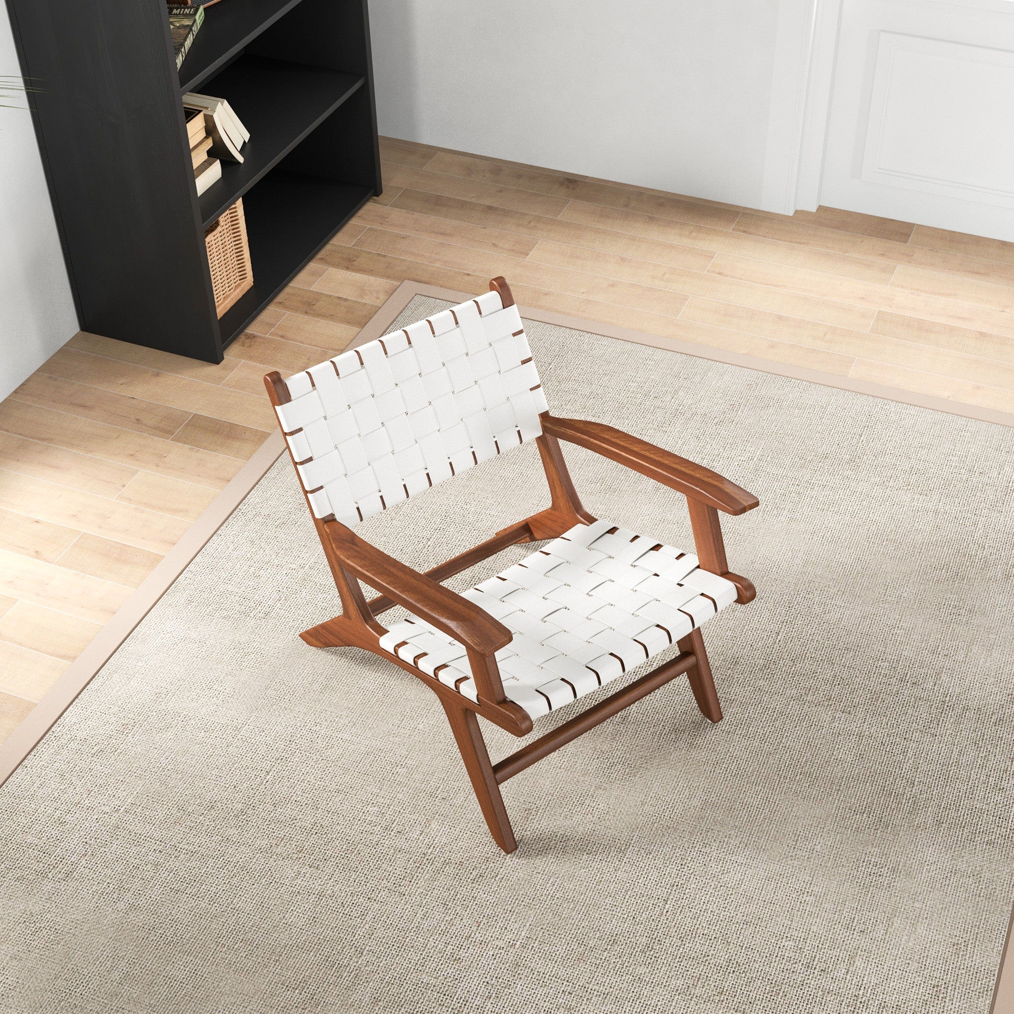 Lento White Strap Leather Teak Wood Lounge Chair