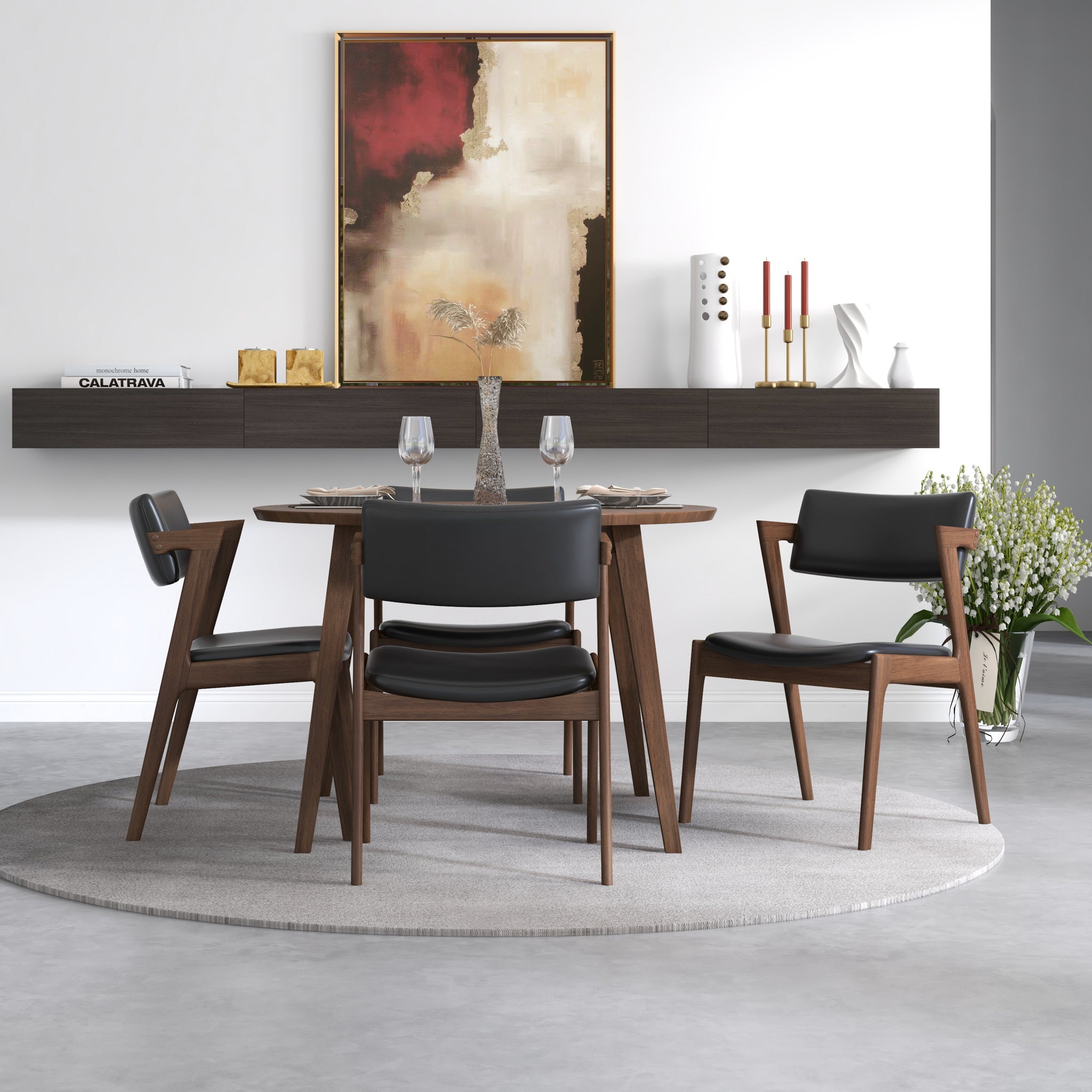 Palmer Walnut Dining set with 4 Ricco Dining Chairs Black Leather