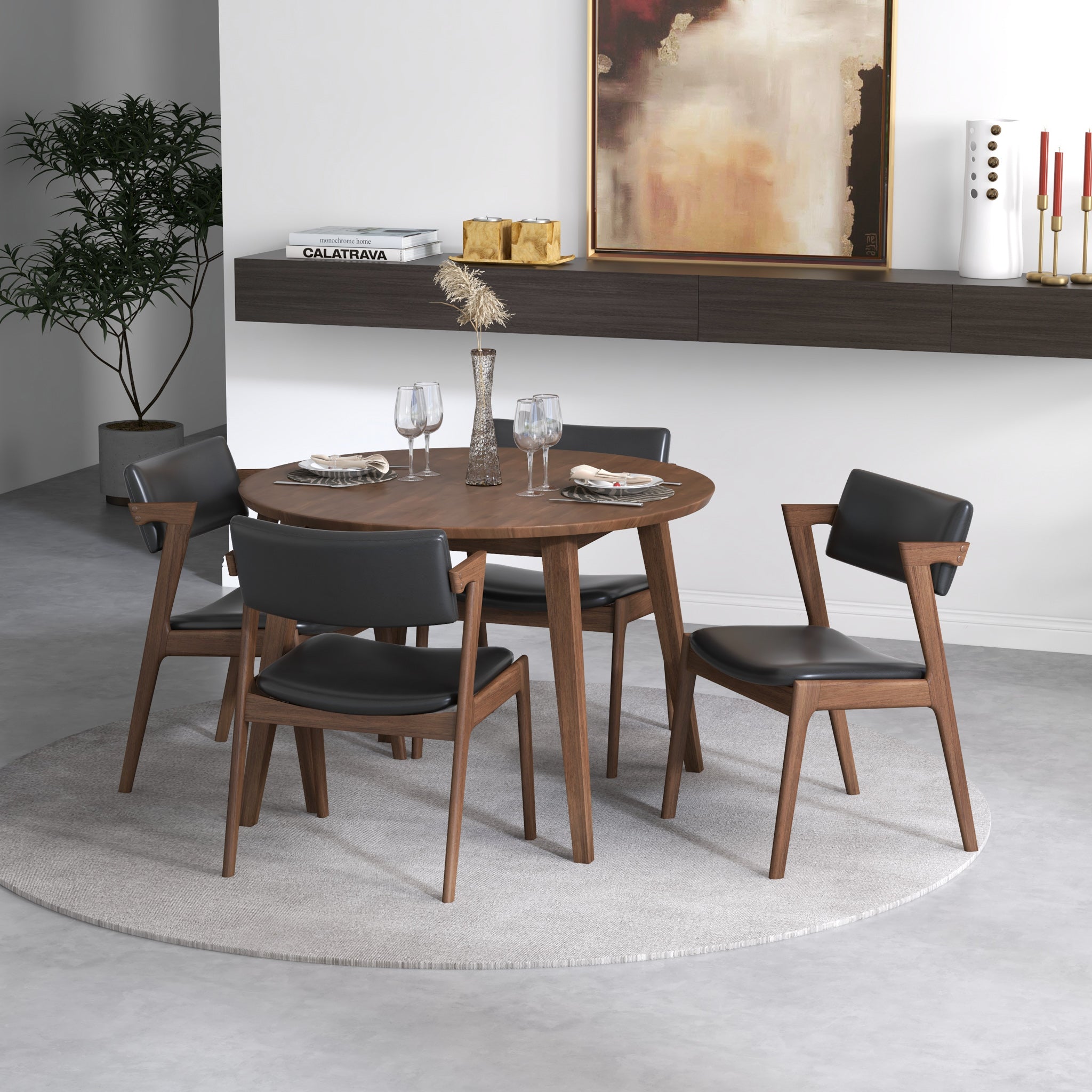 Palmer Walnut Dining set with 4 Ricco Dining Chairs Black Leather