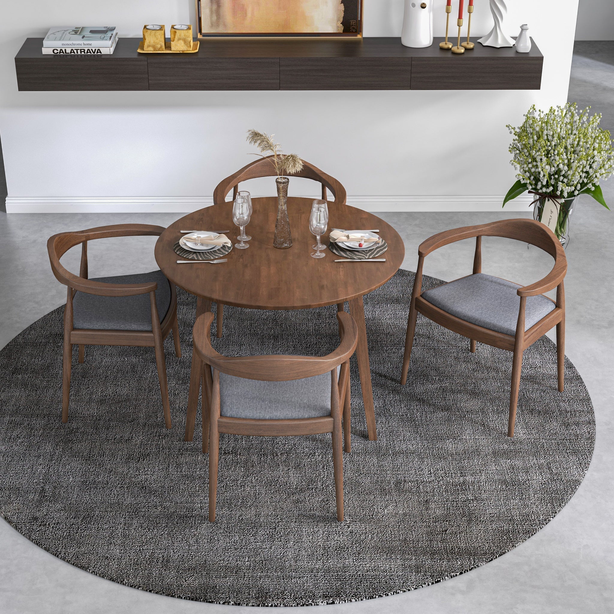 Palmer Dining set with 4 Freya Grey Dining Chairs Walnut