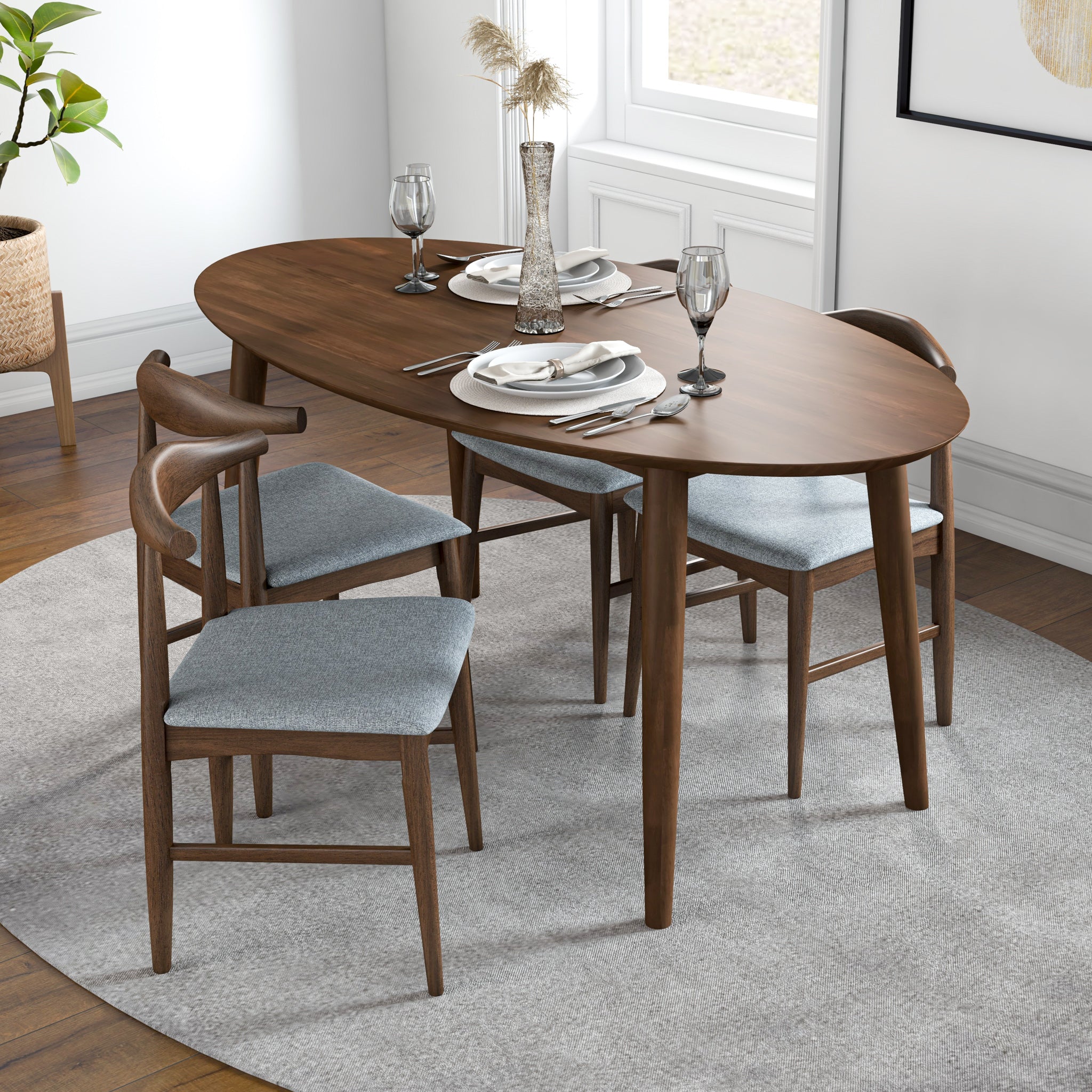 Rixos Walnut Oval Dining Set with 4 Winston Grey Dining Chairs