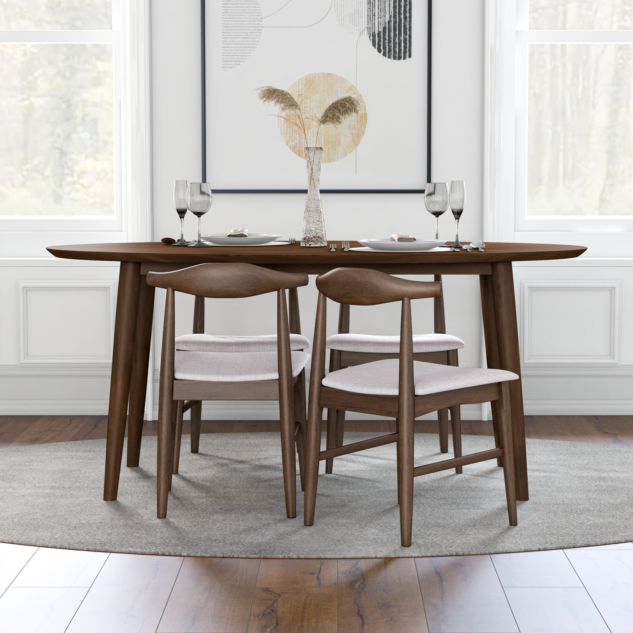 Rixos Walnut Oval Dining Set with 4 Winston Beige Dining Chairs