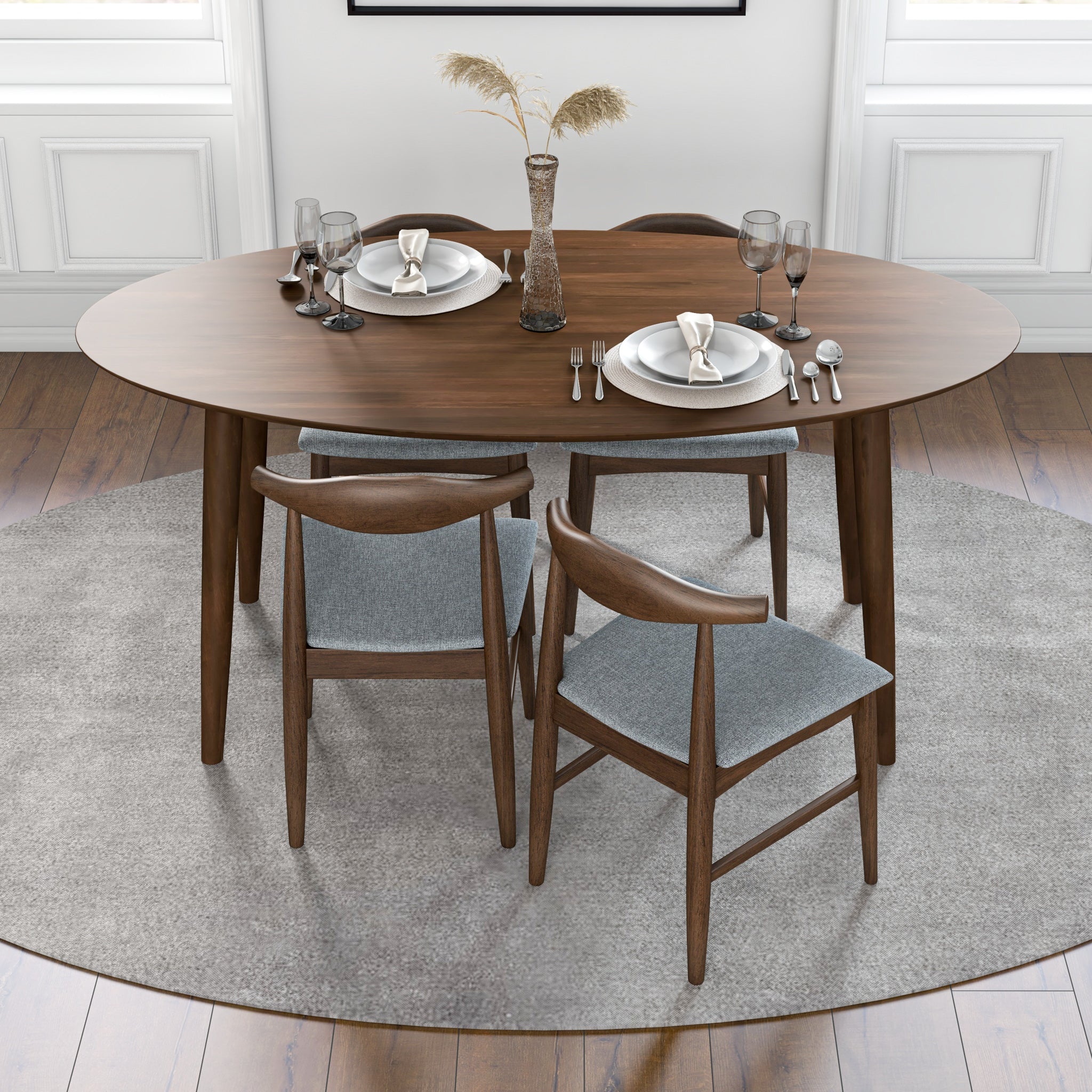 Rixos Walnut Oval Dining Set with 4 Winston Grey Dining Chairs