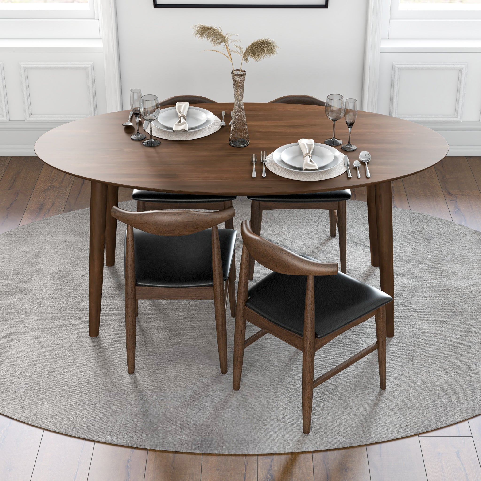 Rixos Walnut Oval Dining Set with 4 Winston Black Leather Dining Chairs