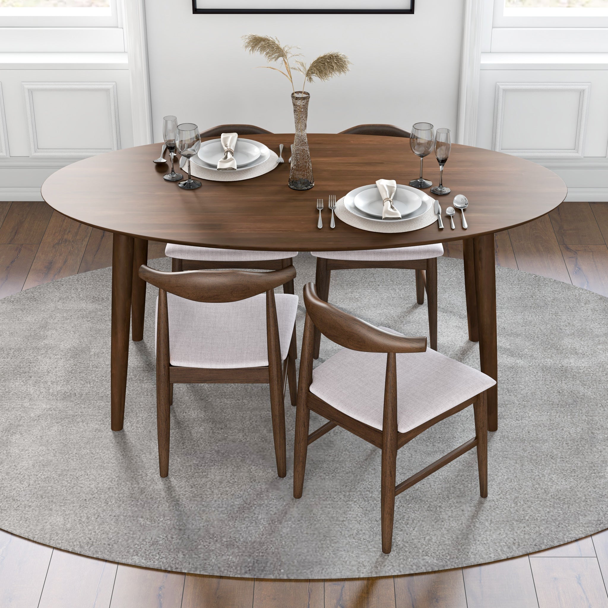 Rixos Walnut Oval Dining Set with 4 Winston Beige Dining Chairs