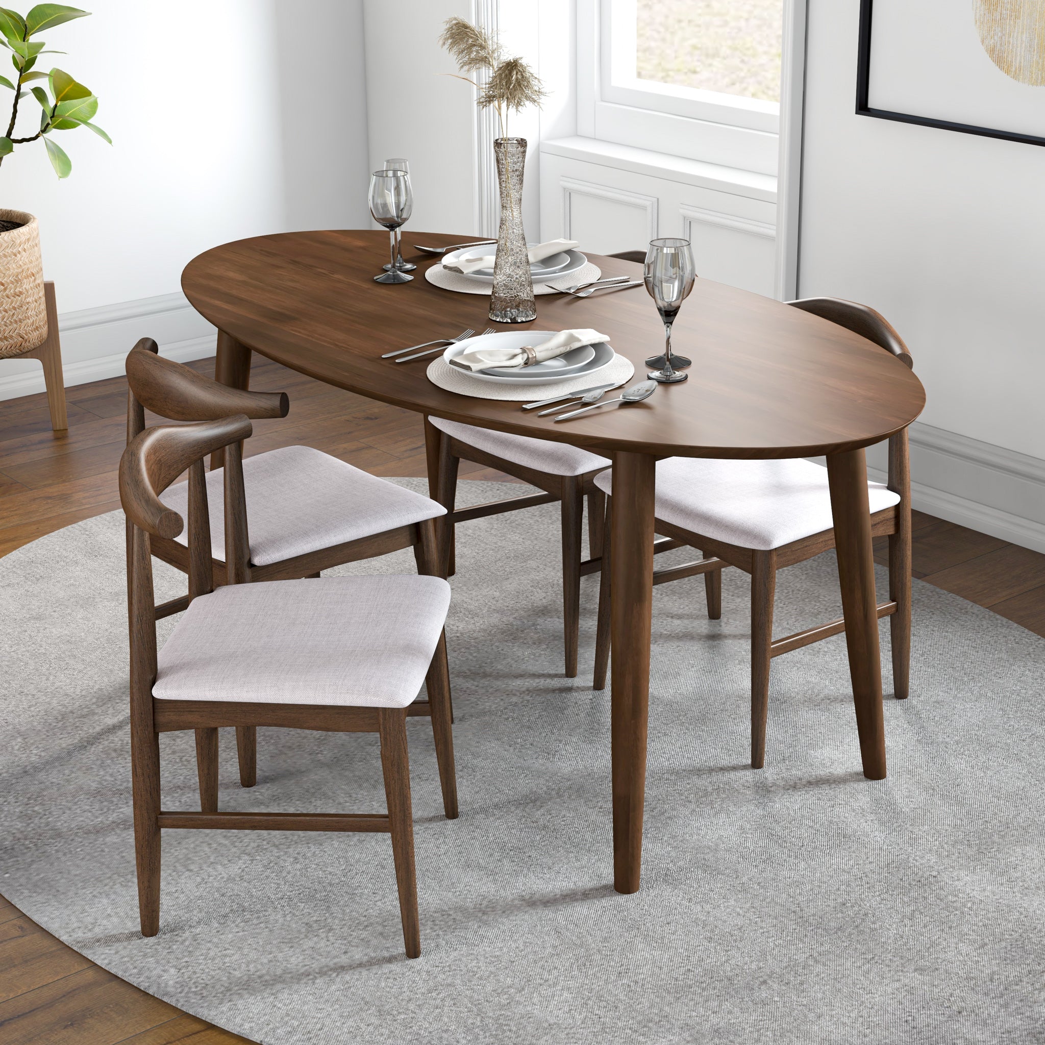 Rixos Walnut Oval Dining Set with 4 Winston Beige Dining Chairs