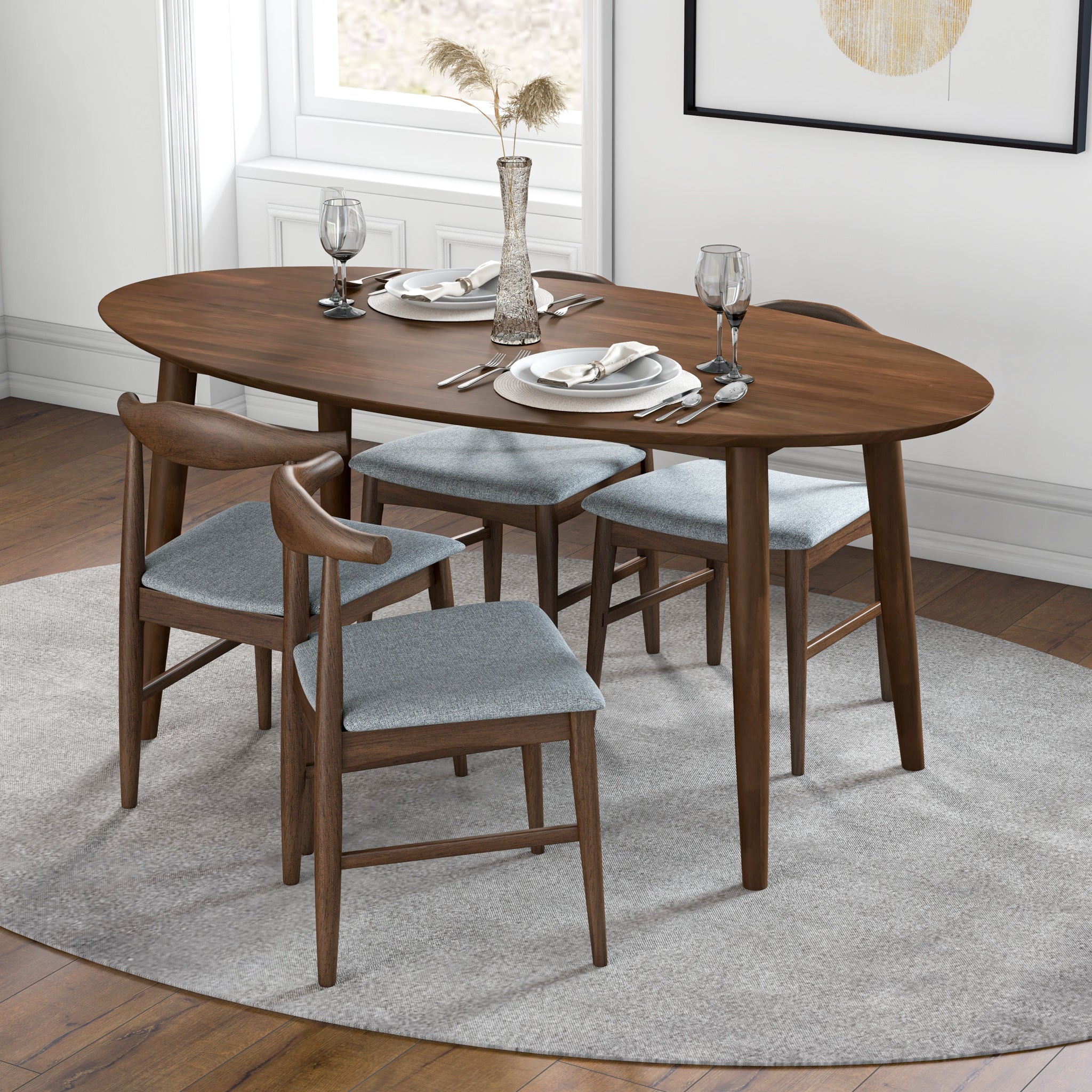 Rixos Walnut Oval Dining Set with 4 Winston Grey Dining Chairs