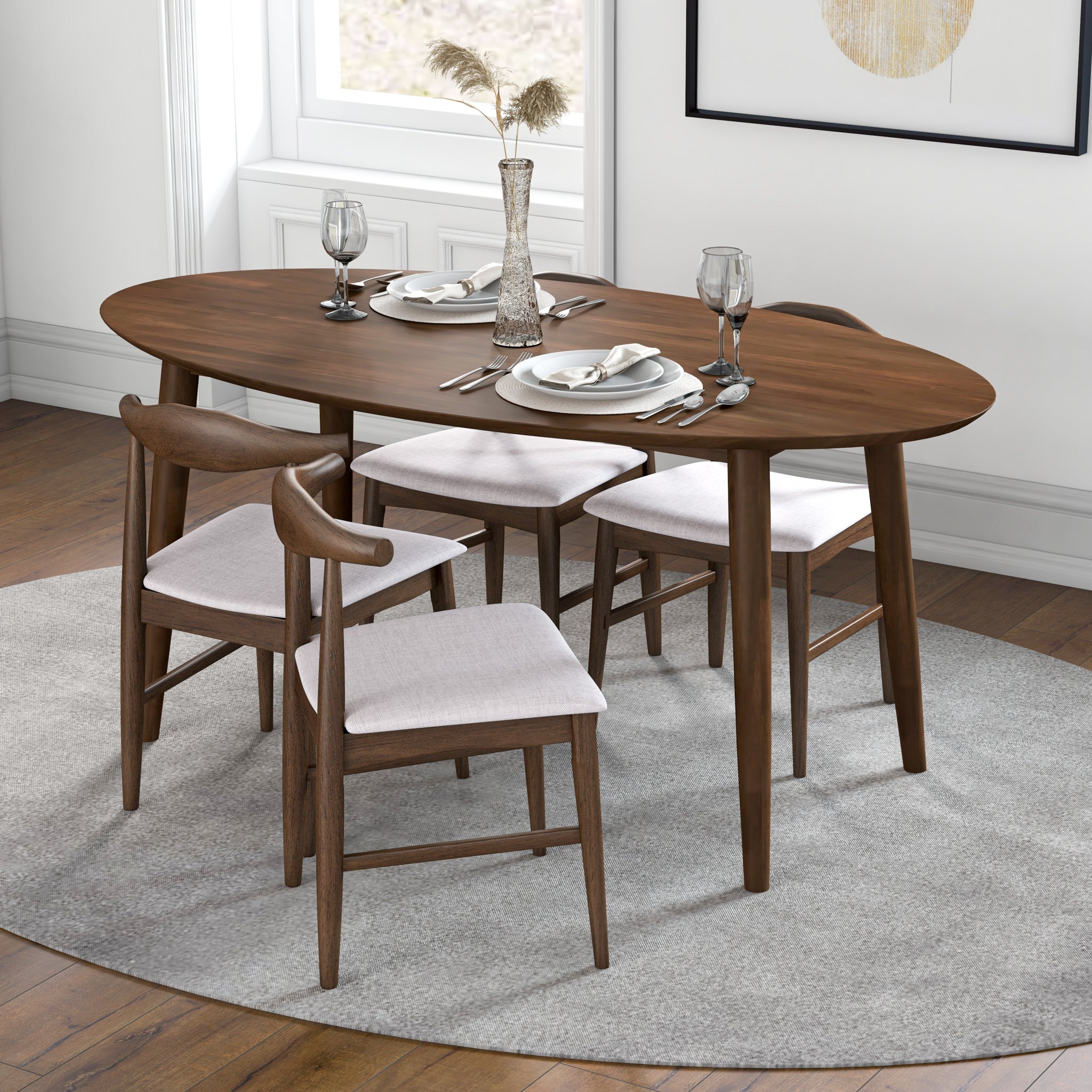 Rixos Walnut Oval Dining Set with 4 Winston Beige Dining Chairs