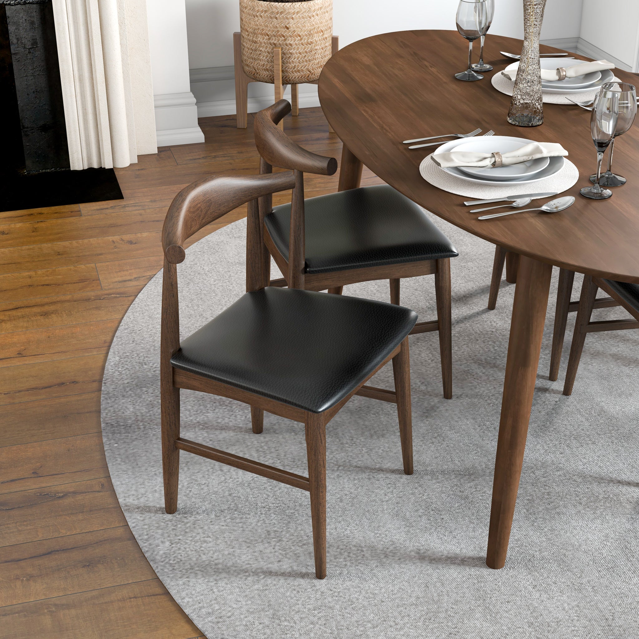 Rixos Walnut Oval Dining Set with 4 Winston Black Leather Dining Chairs