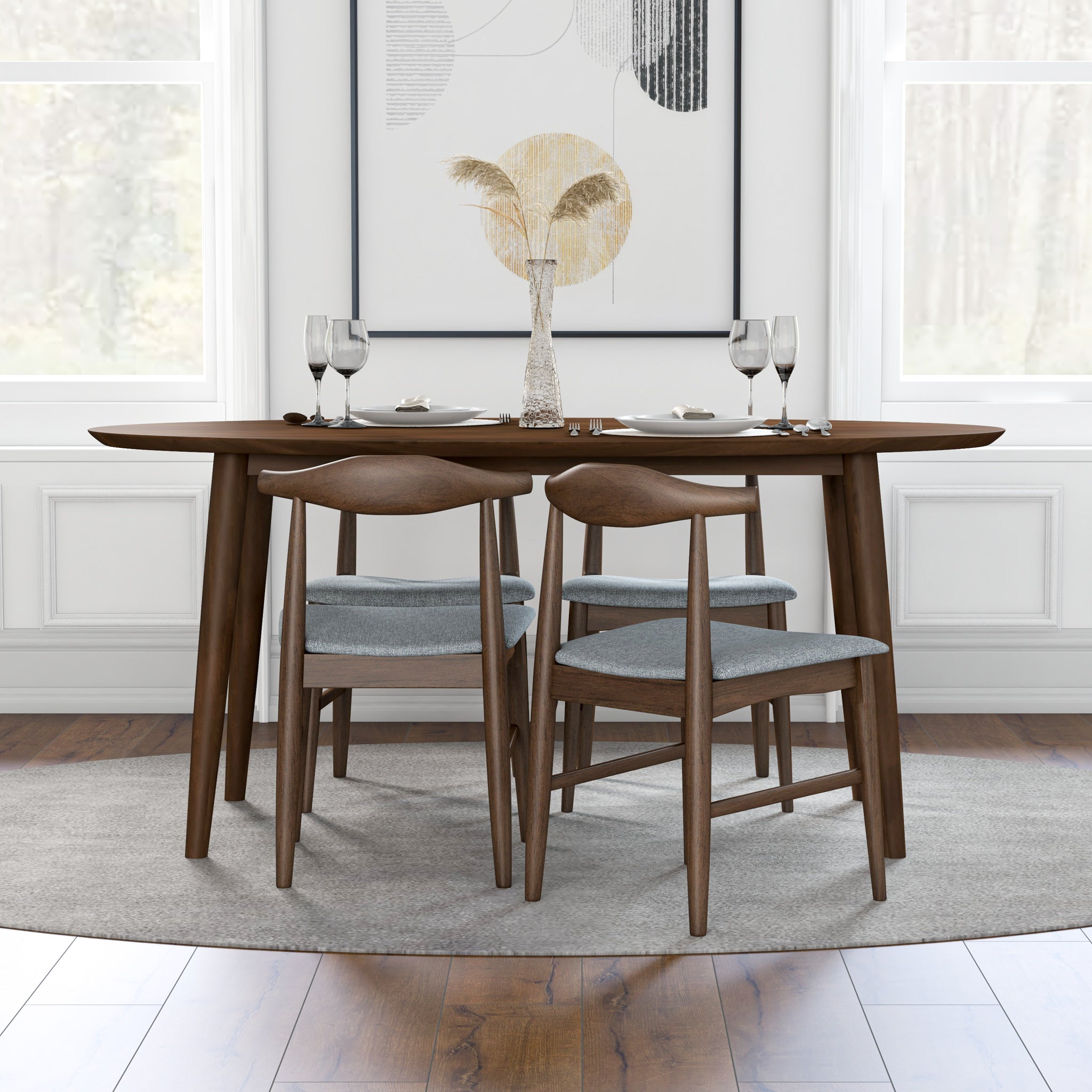 Rixos Walnut Oval Dining Set with 4 Winston Grey Dining Chairs