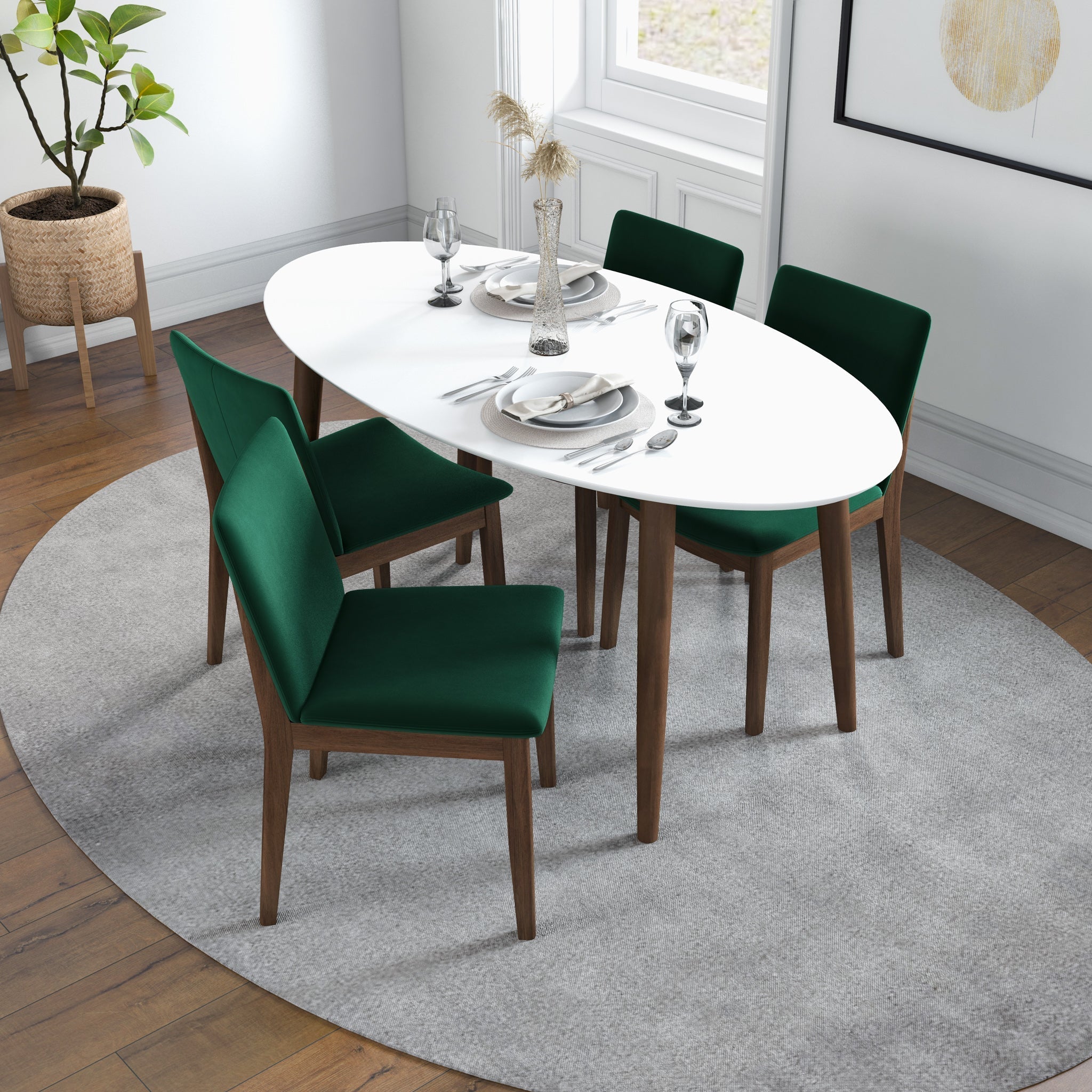 Rixos White Dining set with 4 Virginia Green Velvet Dining Chairs