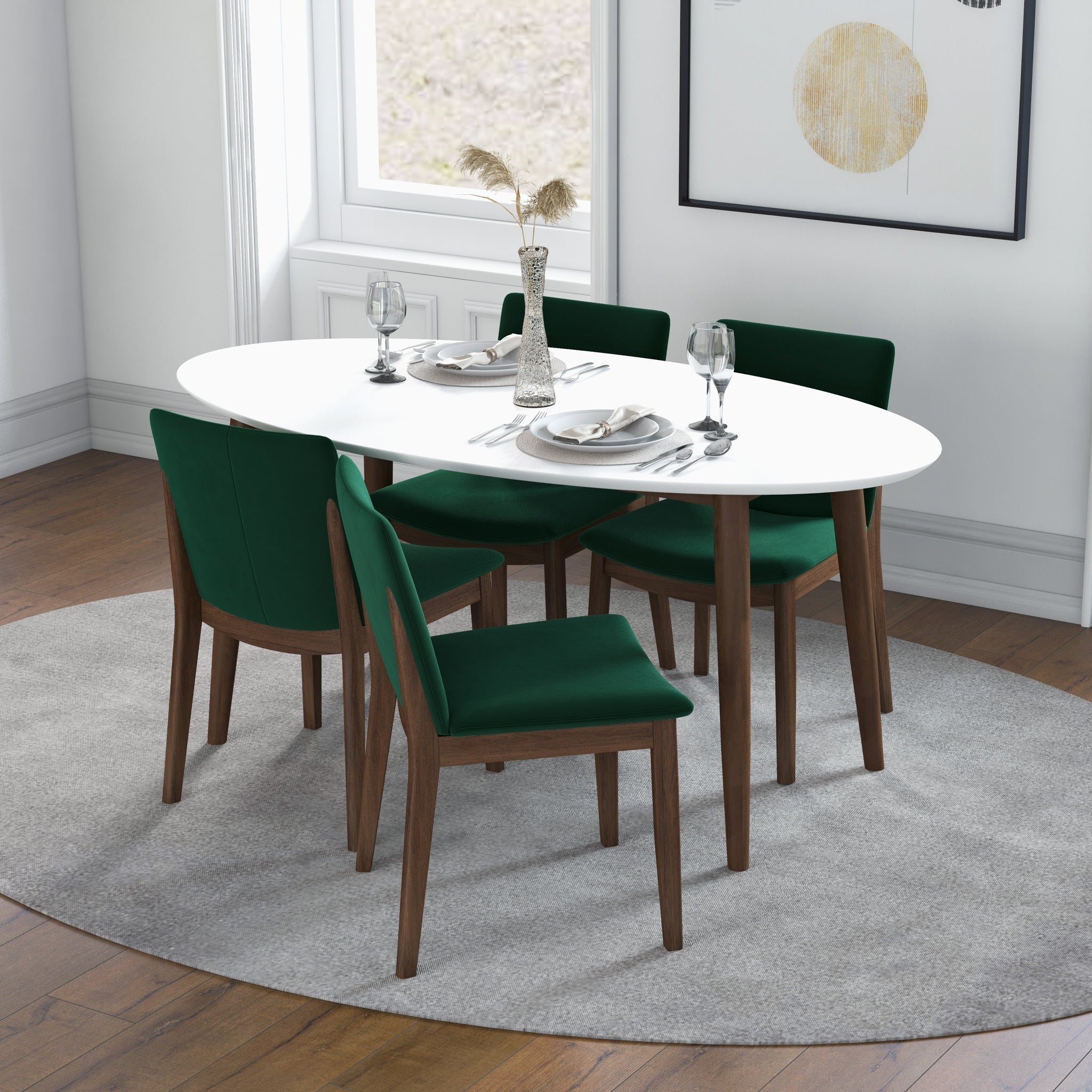 Rixos White Dining set with 4 Virginia Green Velvet Dining Chairs