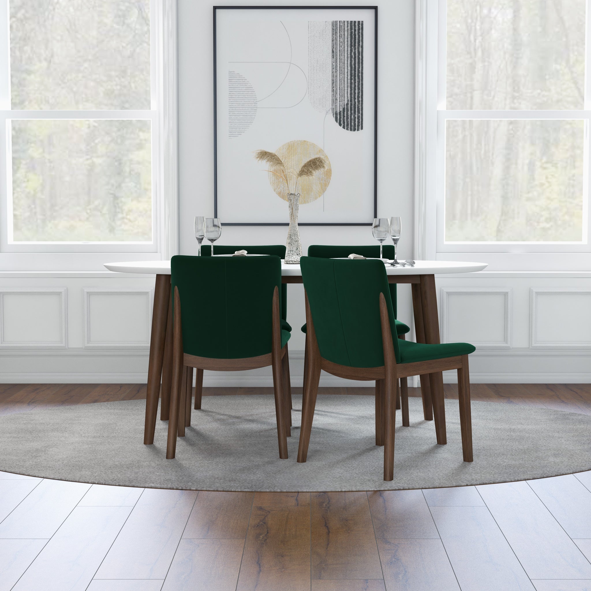 Rixos White Dining set with 4 Virginia Green Velvet Dining Chairs