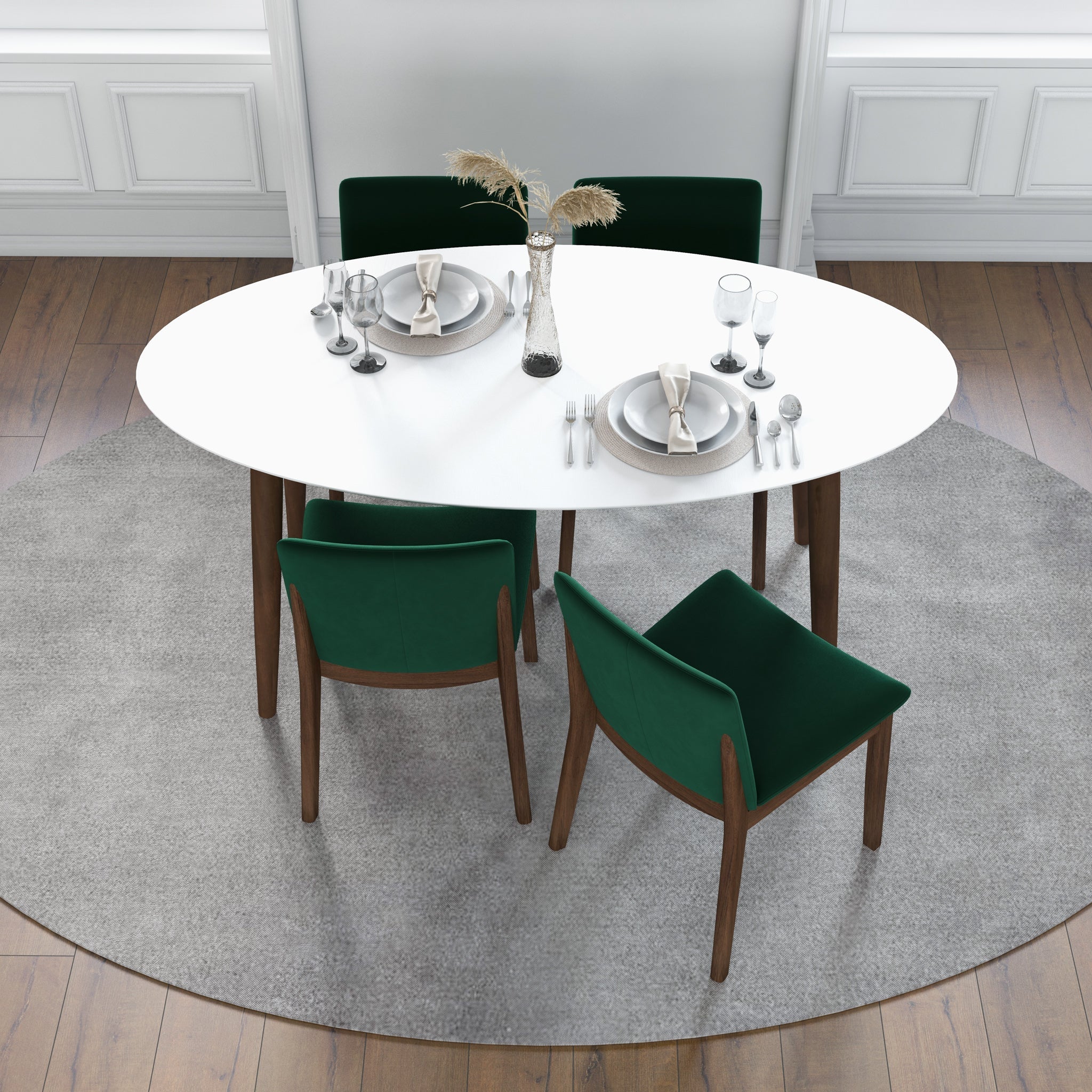 Rixos White Dining set with 4 Virginia Green Velvet Dining Chairs