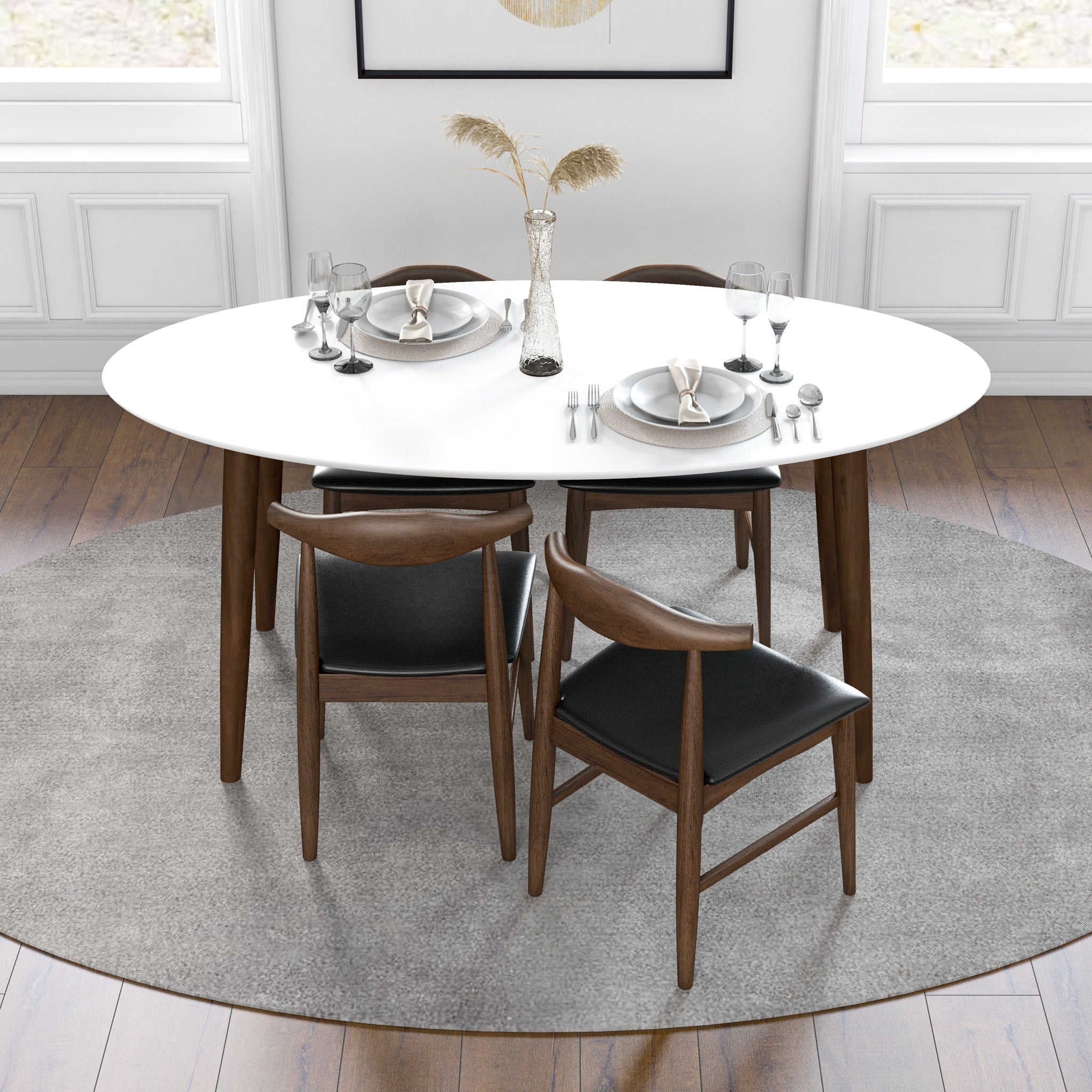 Rixos White Oval Dining Set with 4 Winston Black Leather Dining Chairs