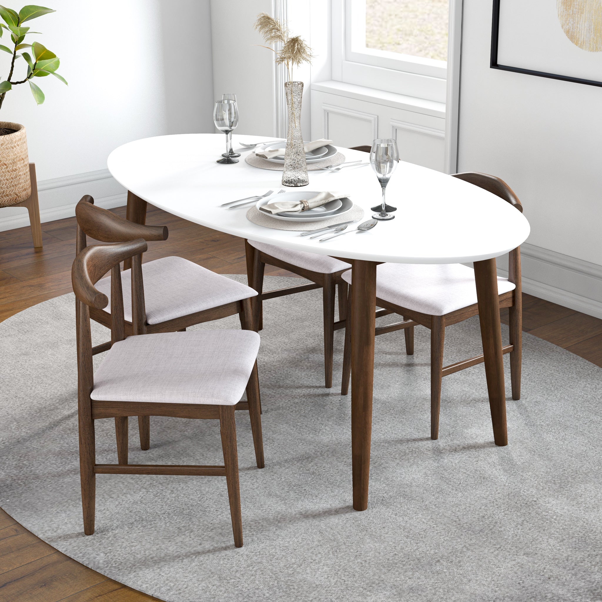 Rixos White Oval Dining Set with 4 Winston Beige Dining Chairs