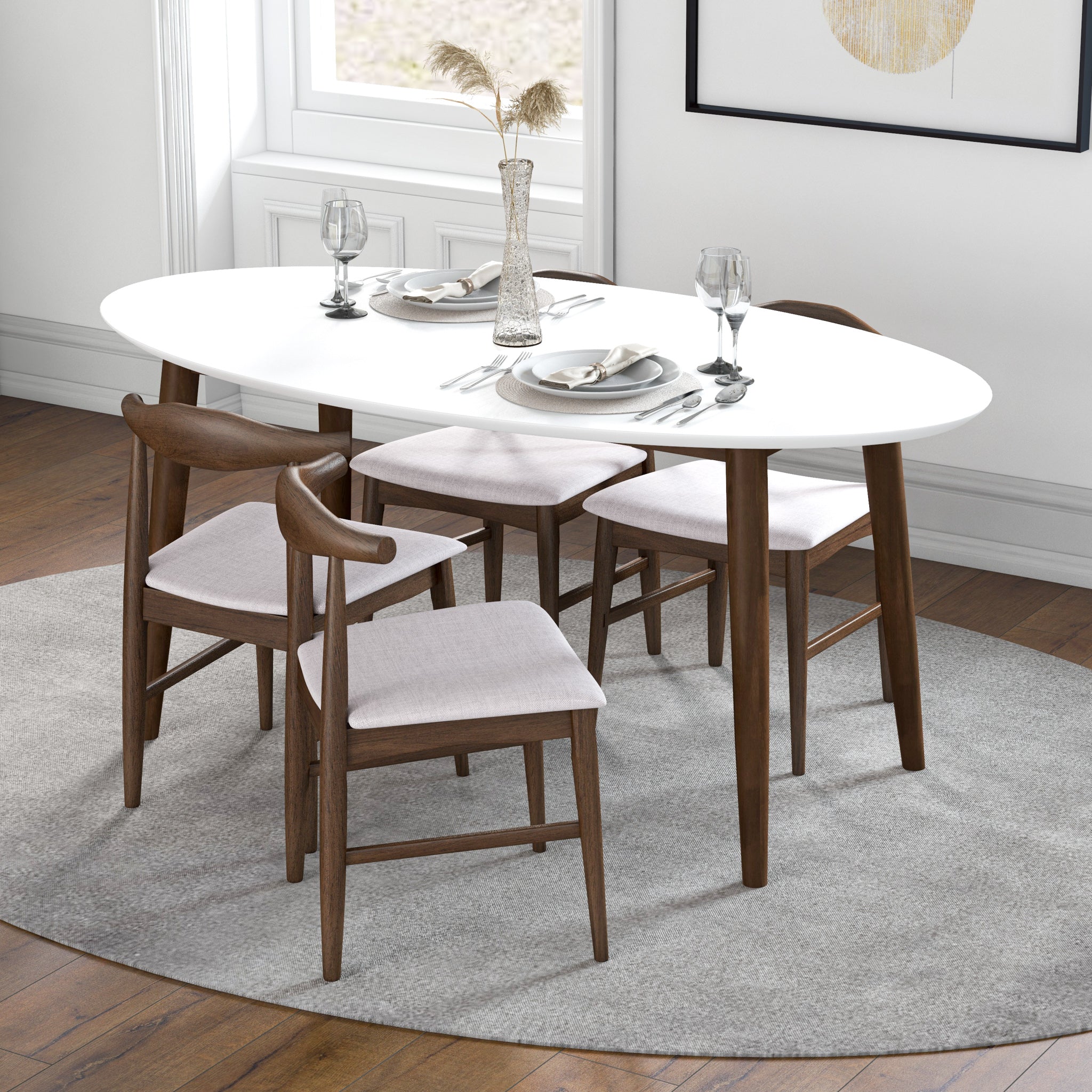 Rixos White Oval Dining Set with 4 Winston Beige Dining Chairs