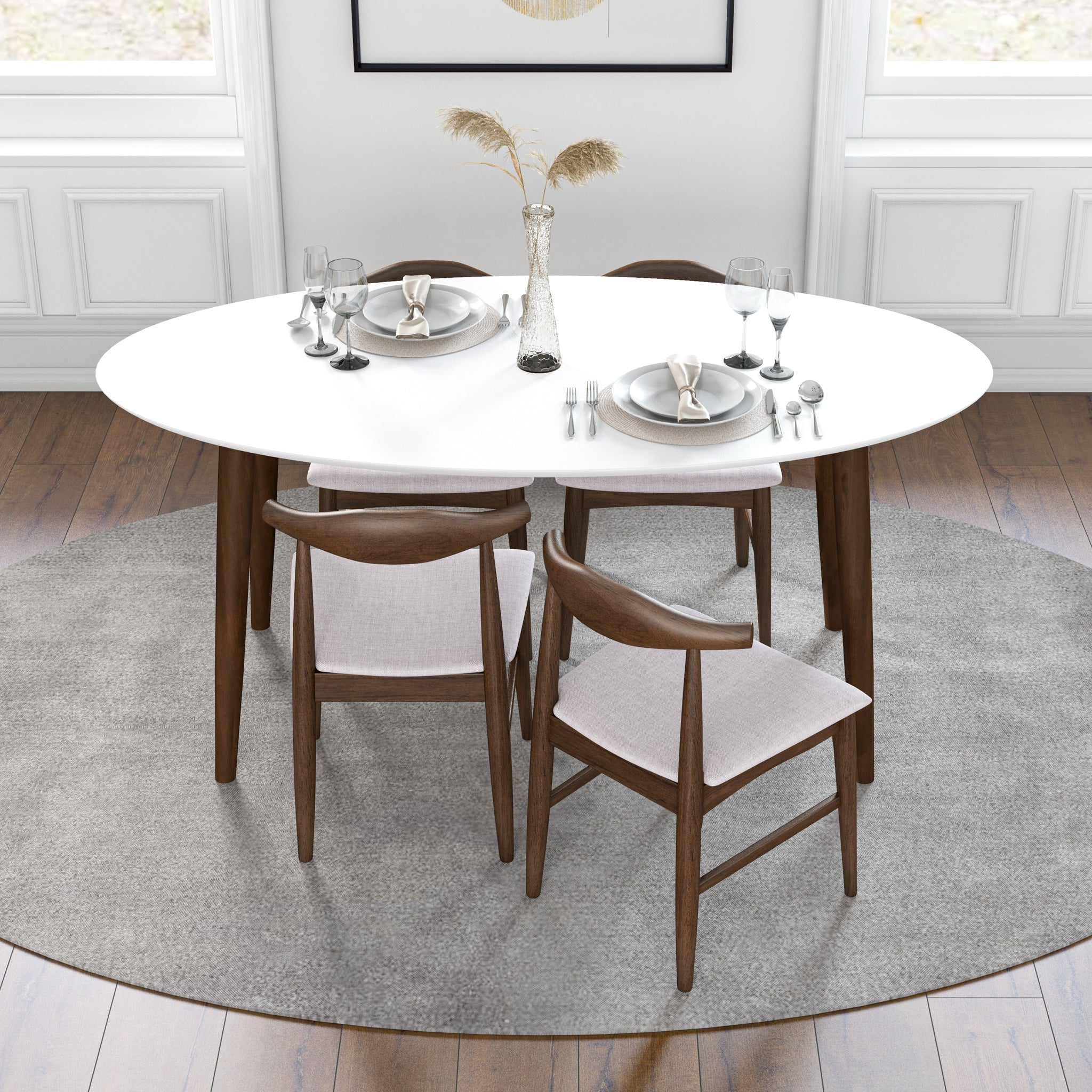 Rixos White Oval Dining Set with 4 Winston Beige Dining Chairs