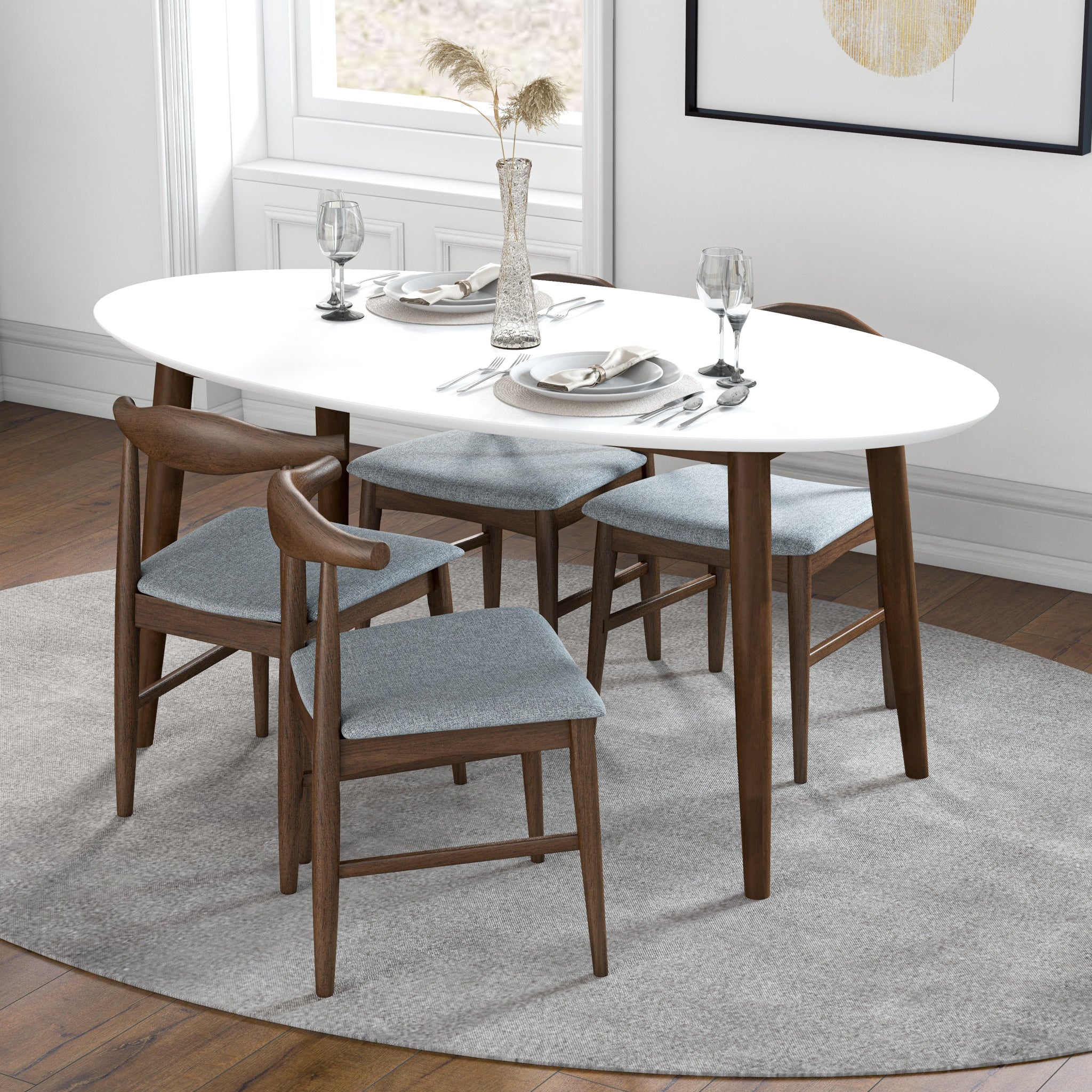 Rixos White Oval Dining Set with 4 Winston Grey Dining Chairs