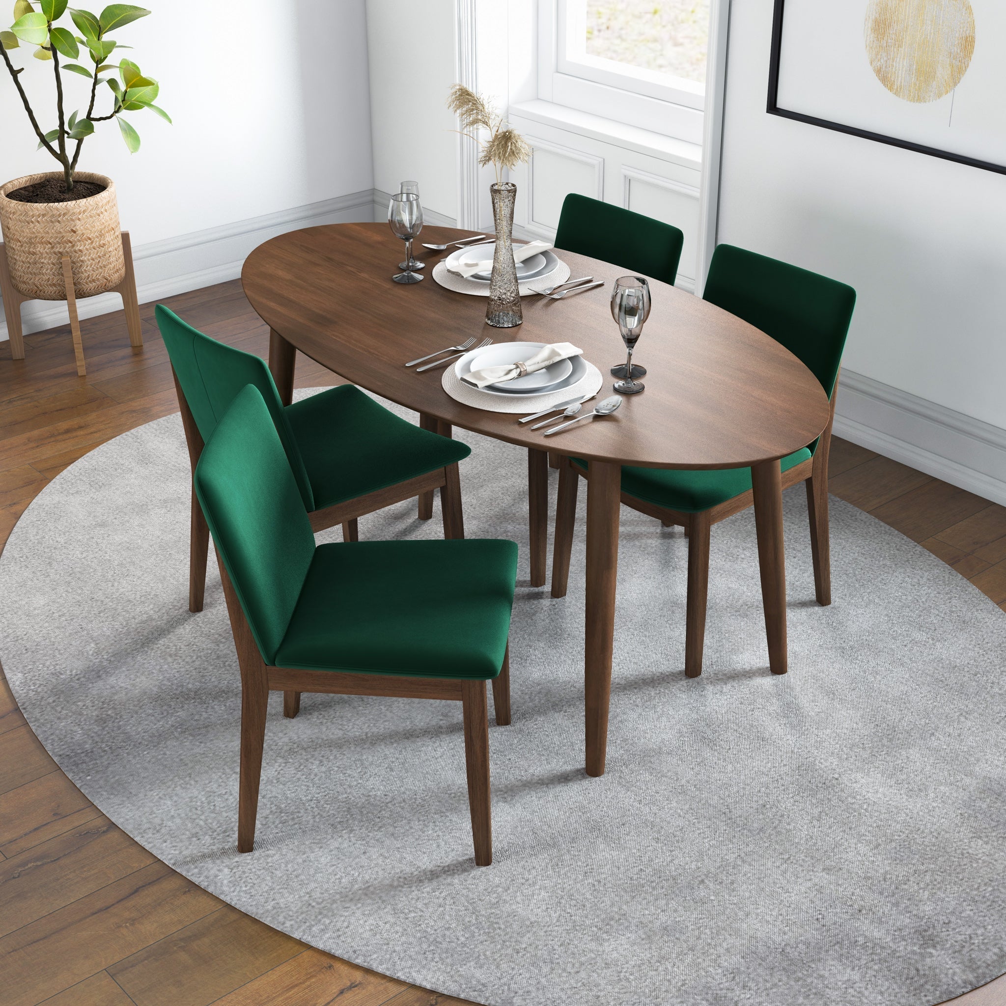 Rixos Walnut Dining set with 4 Virginia Green Velvet Dining Chairs