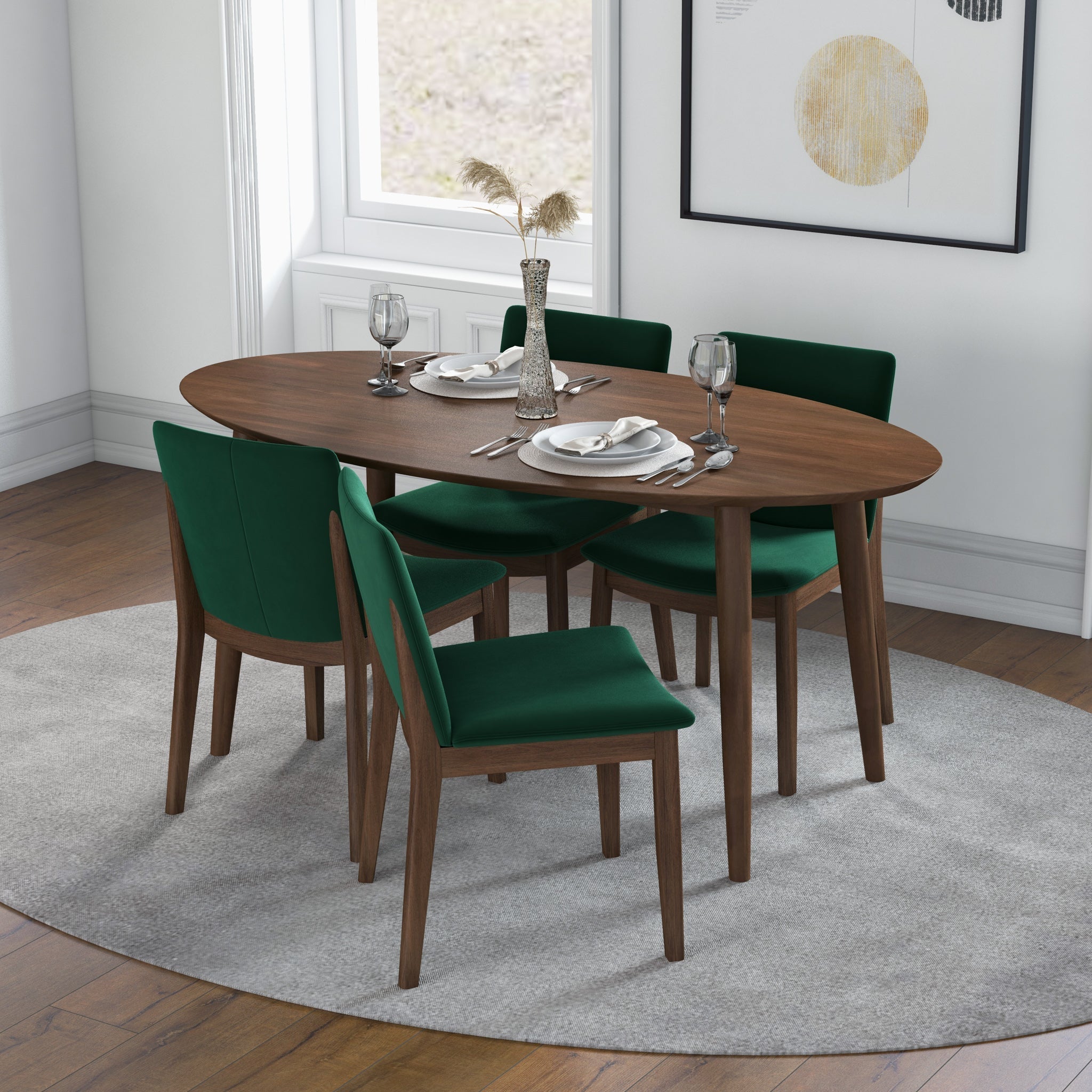 Rixos Walnut Dining set with 4 Virginia Green Velvet Dining Chairs