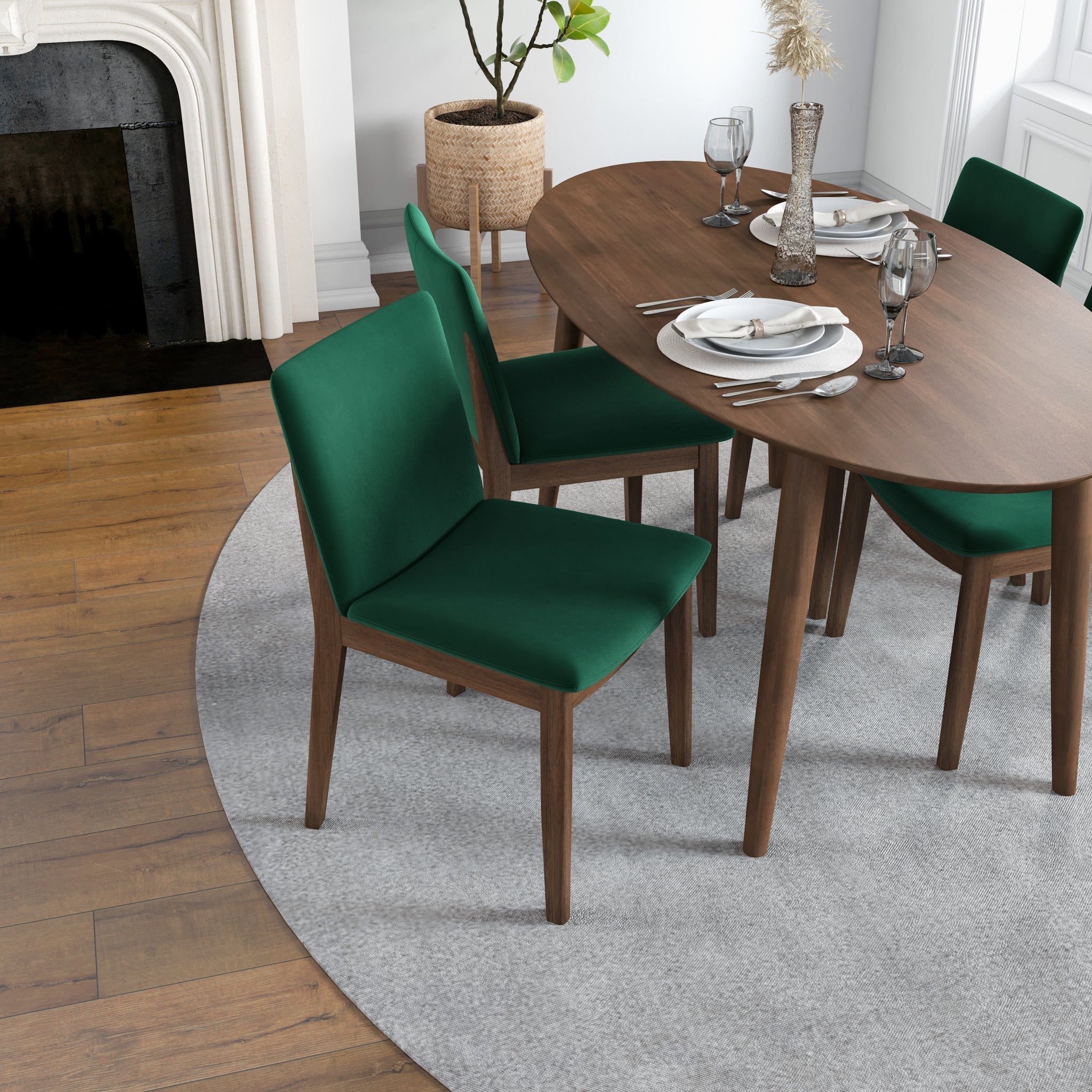 Rixos Walnut Dining set with 4 Virginia Green Velvet Dining Chairs