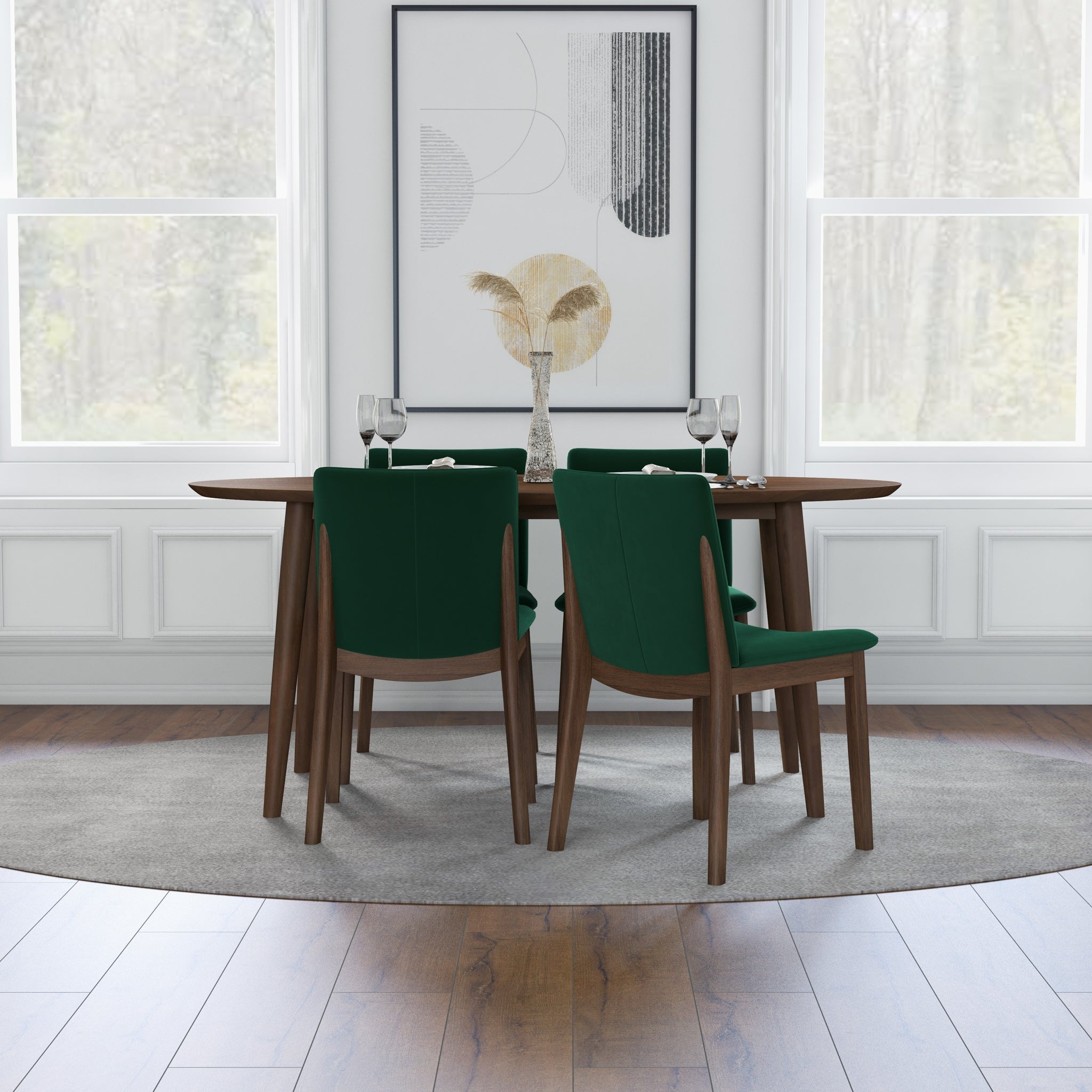 Rixos Walnut Dining set with 4 Virginia Green Velvet Dining Chairs