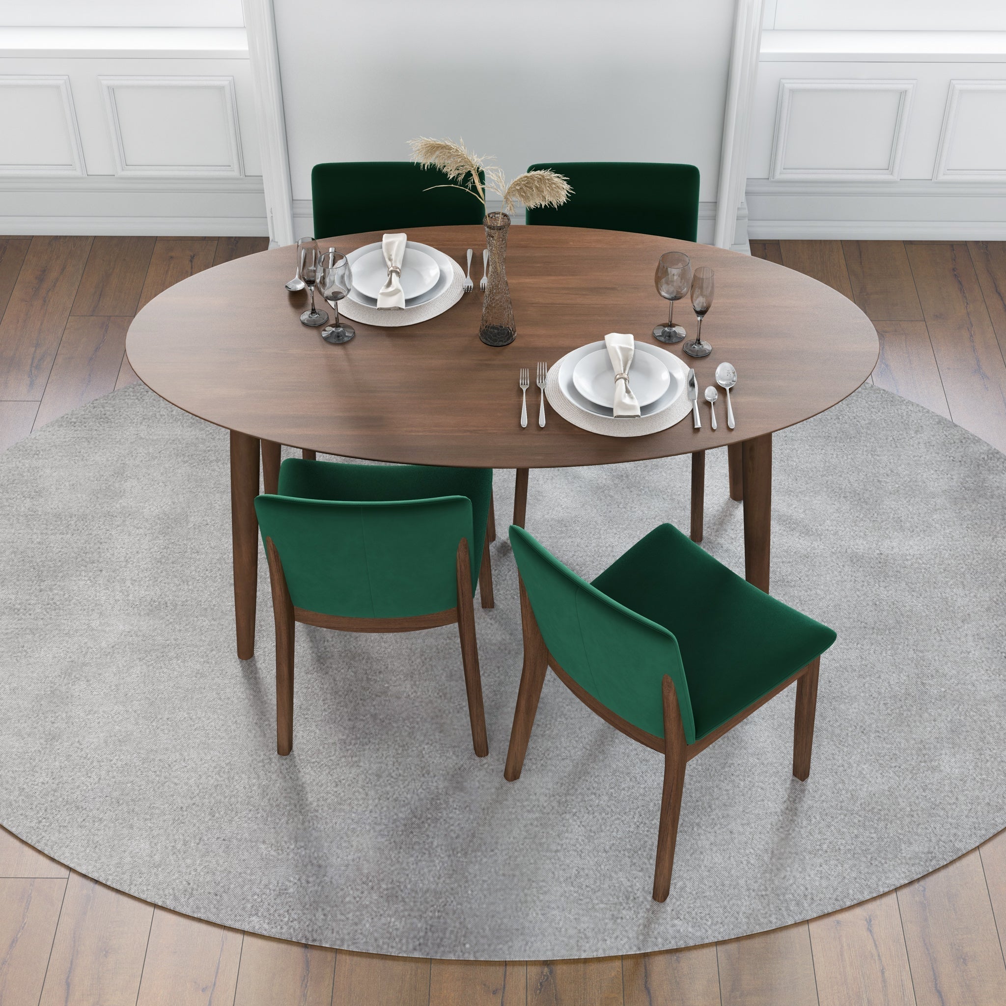 Rixos Walnut Dining set with 4 Virginia Green Velvet Dining Chairs