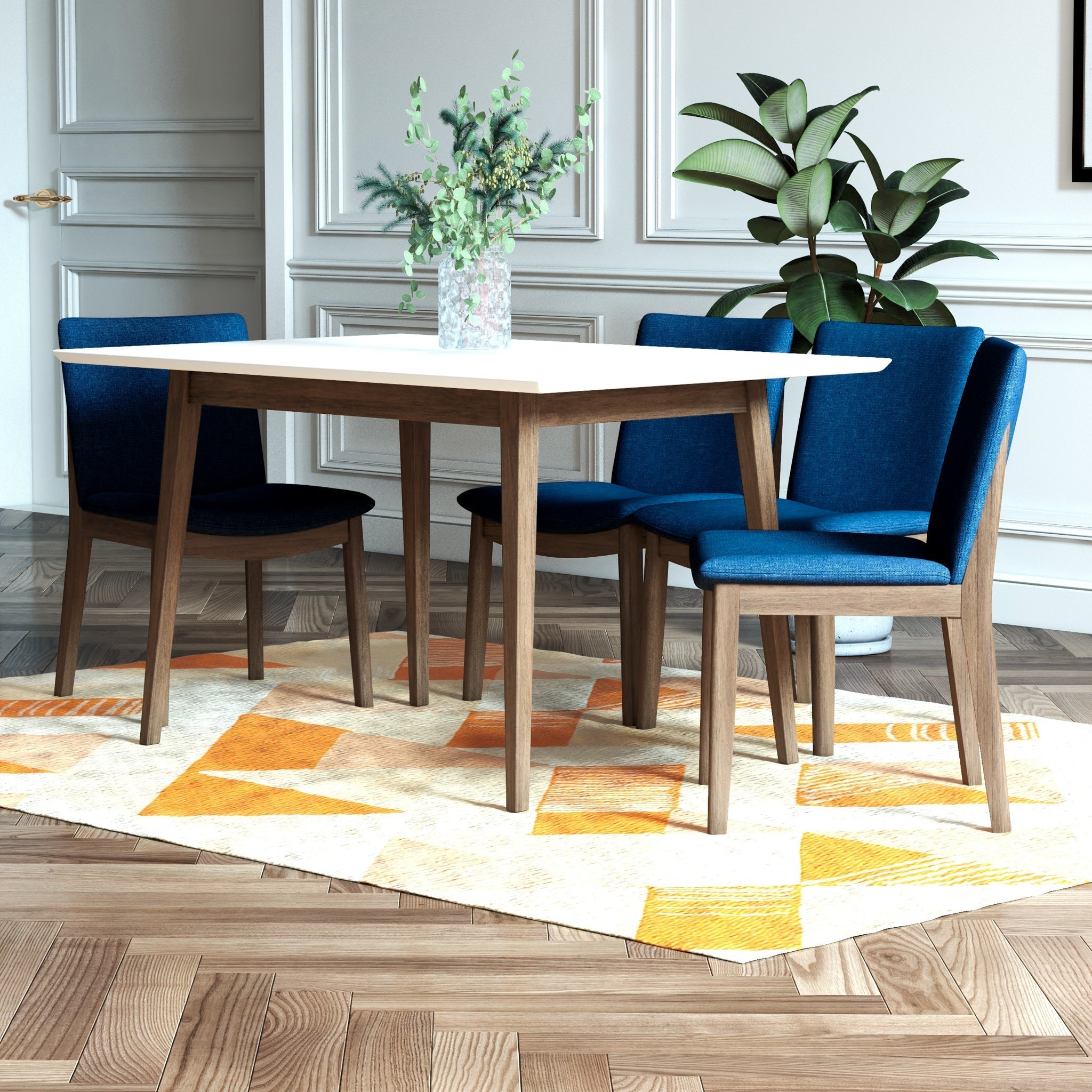 Adira Small White Dining Set with 4 Virginia Dark Blue Dining Chairs