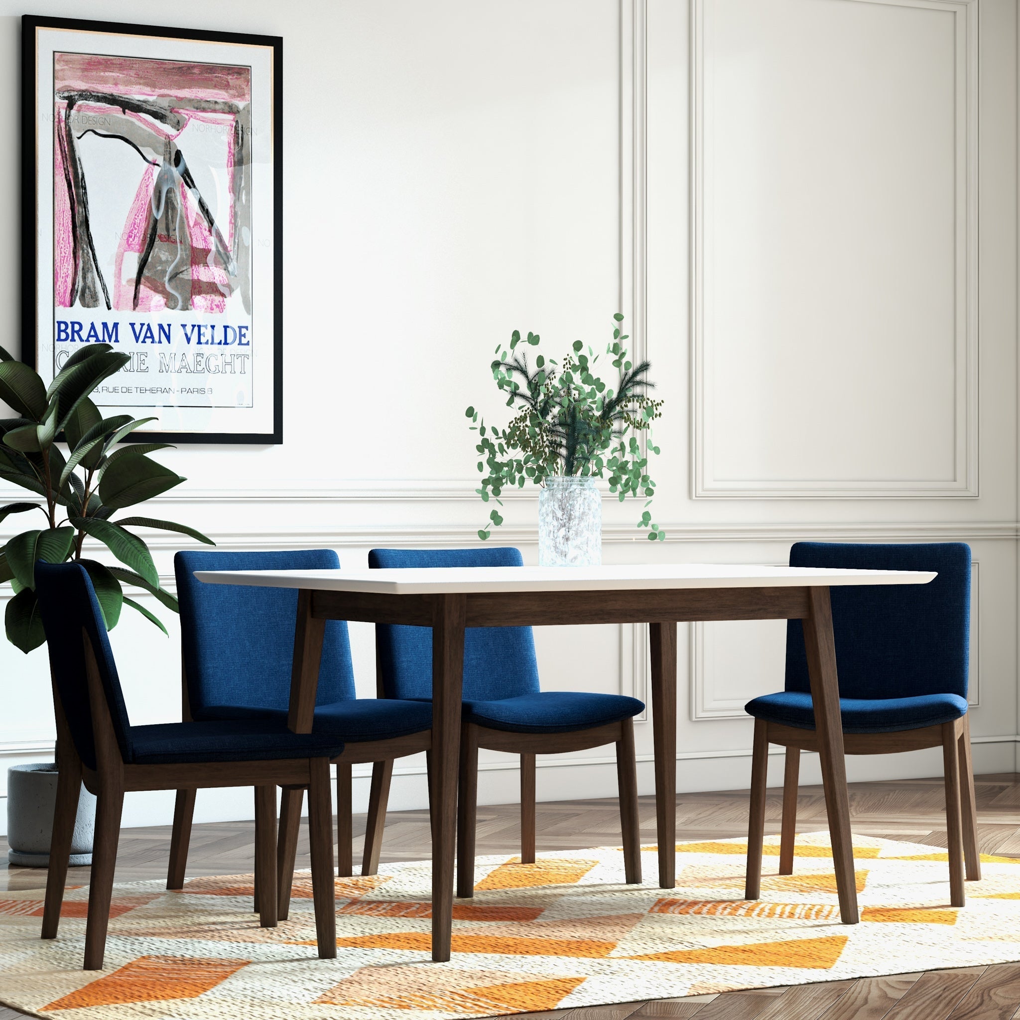 Adira Small White Dining Set with 4 Virginia Dark Blue Dining Chairs