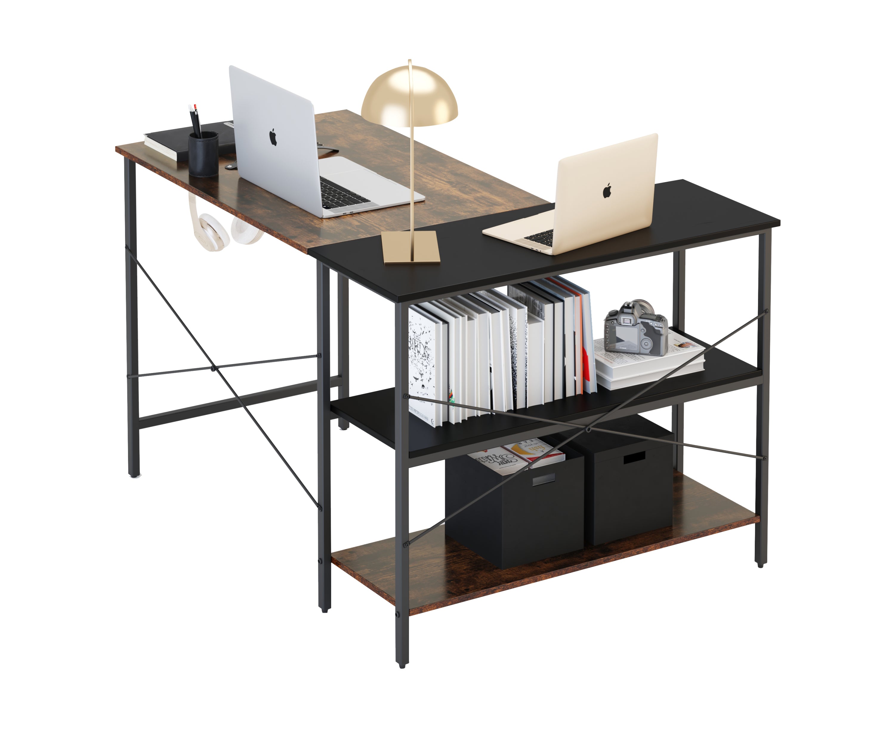 (West America Express shipping warehouse，two days to deliver goods)L-shaped black linen + retro double color matching desk