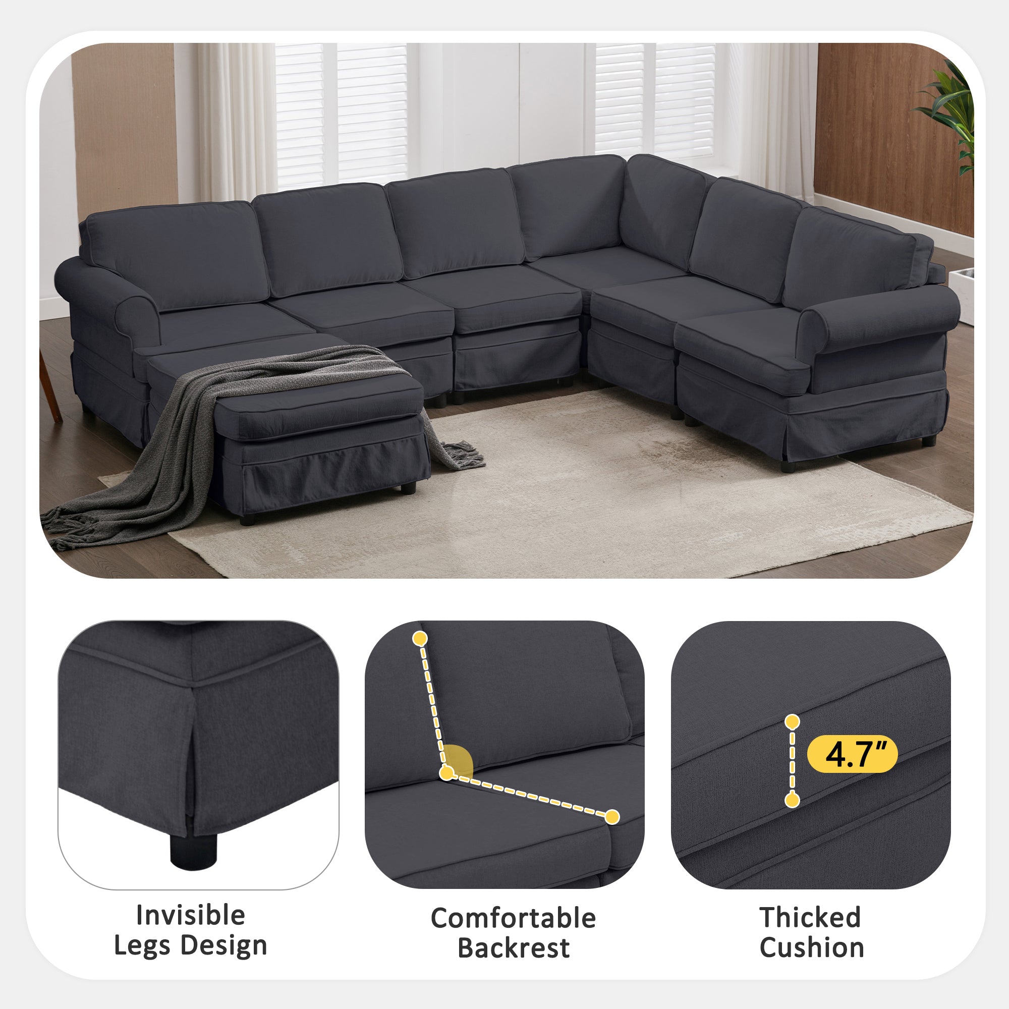 108.6" Fabric Upholstered Modular Sofa Collection, Modular Customizable ,Sectional Couch with removable Ottoman for Living Room, Gray