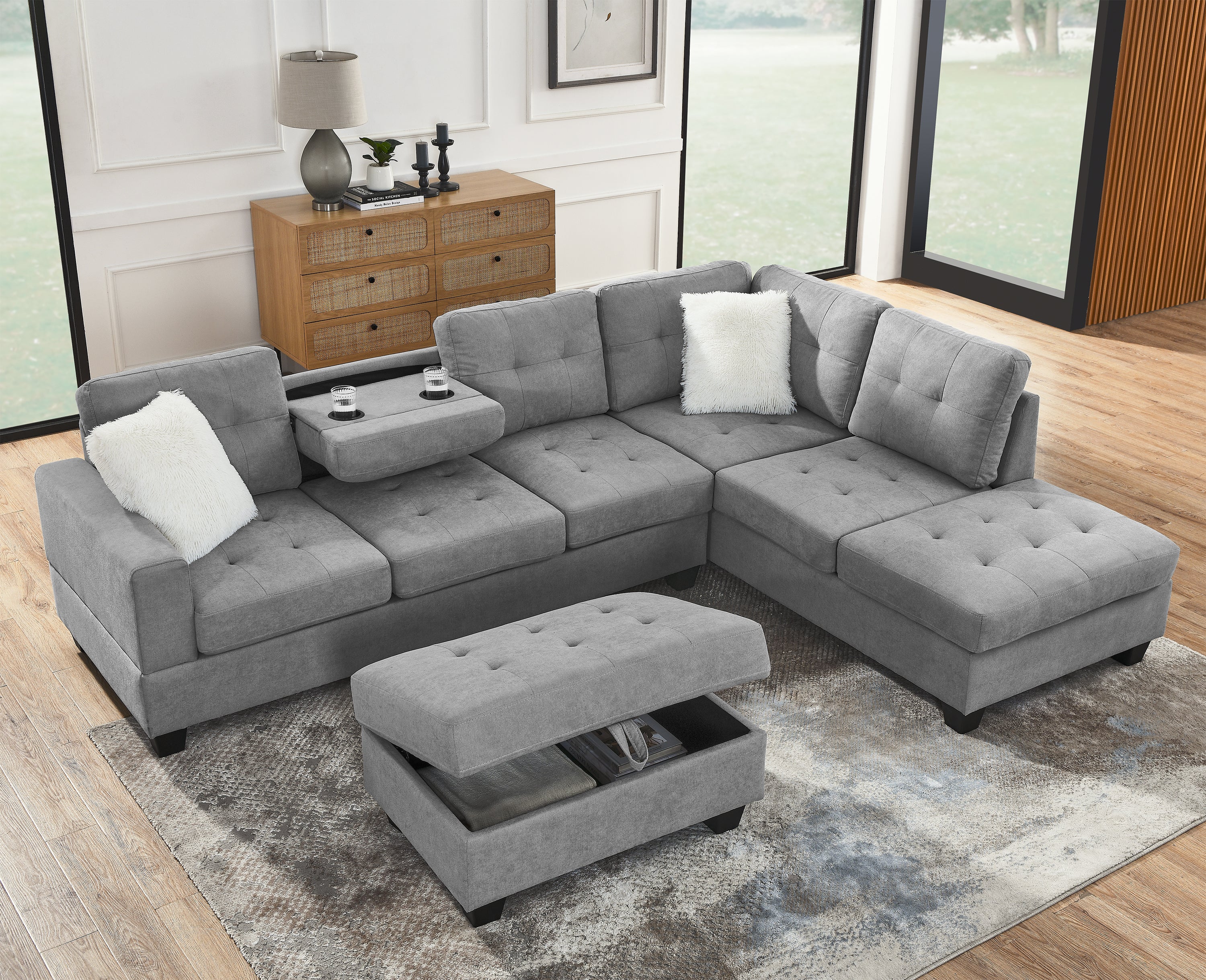 107" Fabric Sectional Sofa Couch with Storage Ottoman, L Shape sofa with Folded Cup Holder Panel for Living Room, Light Gray, Pocket Coil Spring in Seats