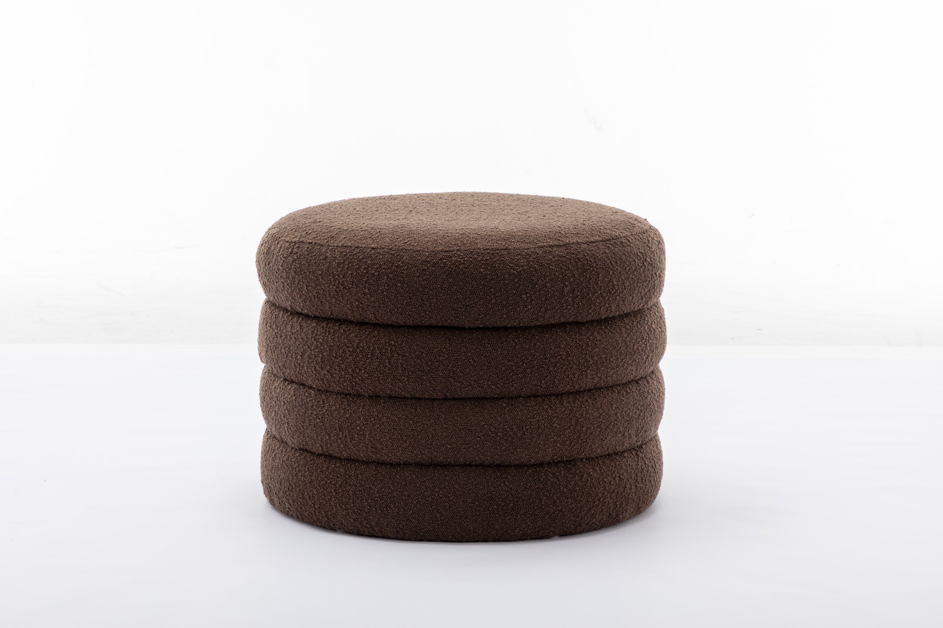 007-Boucle Fabric Storage Round Ottoman Footstool With Wooden Shelving,Brown