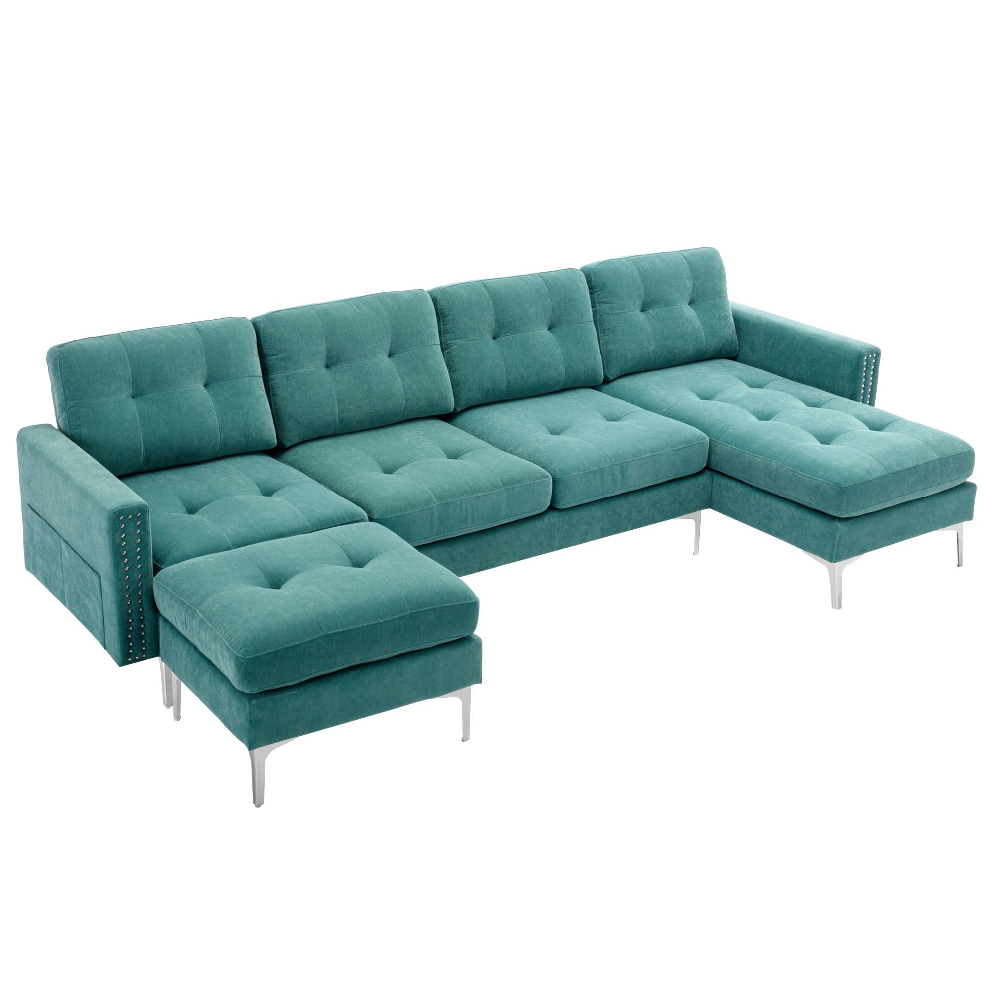 110" L-Shape Convertible Sectional Sofa Couch with Movable Ottoman for Living Room, Apartment, Office, Green