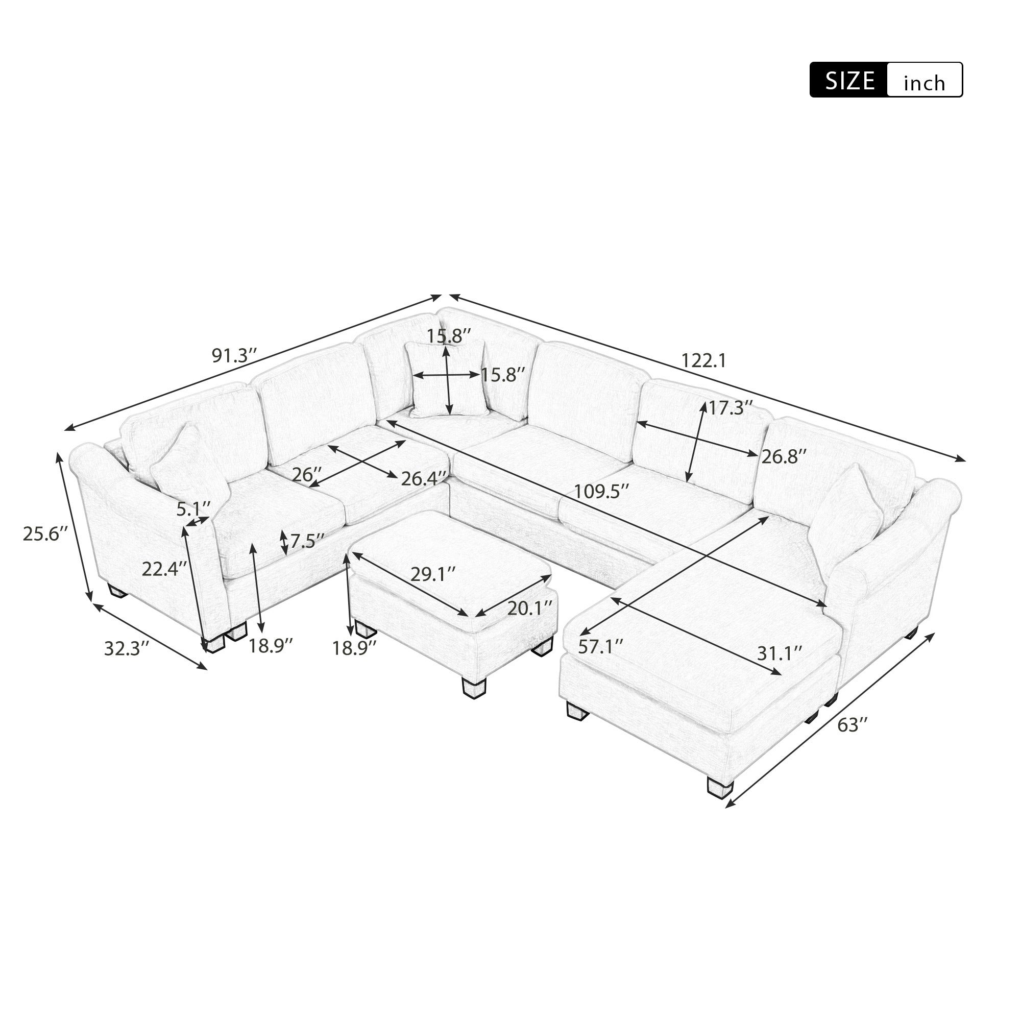 122.1" *91.3" 4pcs Sectional Sofa with Ottoman with Right Side Chaise velvet fabric Dark Gray