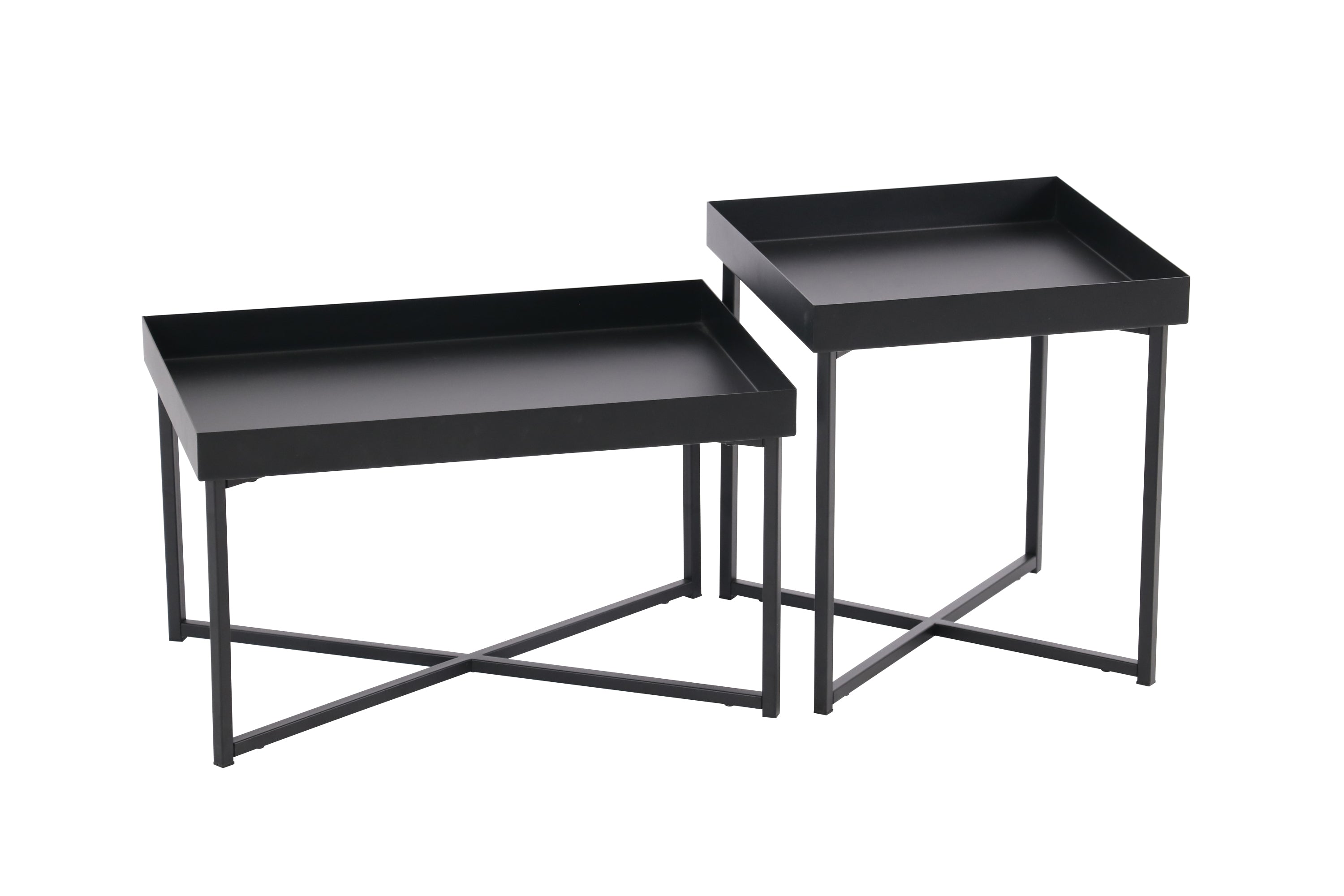 14 H x 24 W x 16 D Black Modern Set of 2 Steel Coffee Tables with Base Levelers, and Raised Edges