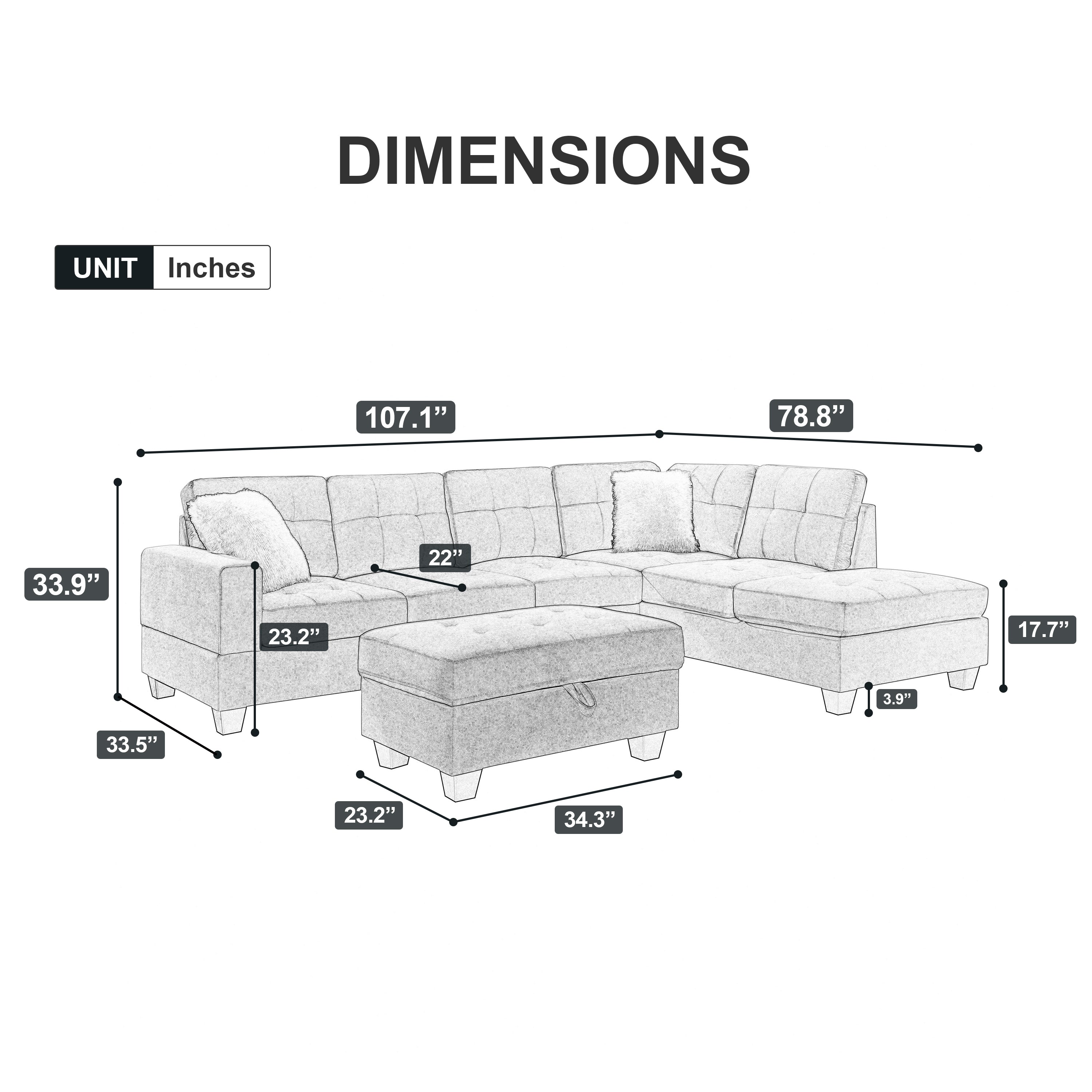 107" Fabric Sectional Sofa Couch with Storage Ottoman, L Shape sofa with Folded Cup Holder Panel for Living Room, Light Gray, Pocket Coil Spring in Seats