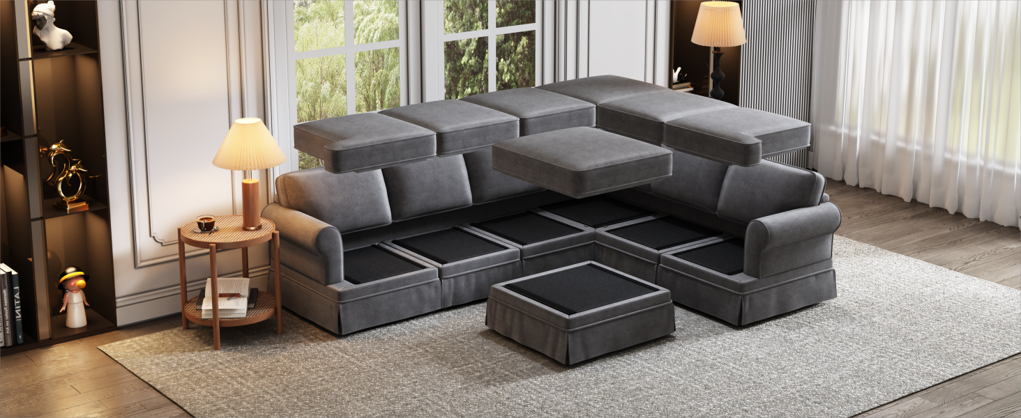 108.6" Fabric Upholstered Modular Sofa Collection, Modular Customizable ,Sectional Couch with removable Ottoman for Living Room, Gray