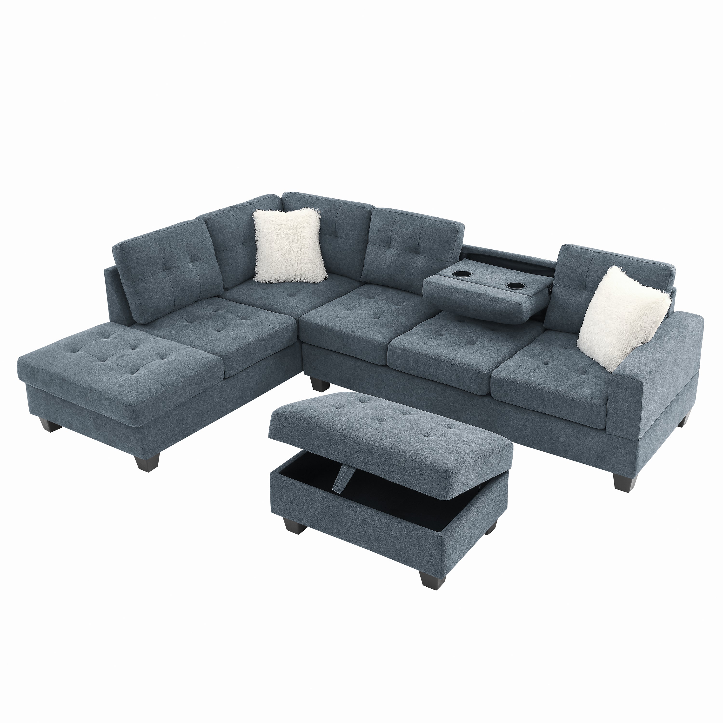 107" Fabric Sectional Sofa Couch with Storage Ottoman, L Shape sofa with Folded Cup Holder Panel for Living Room, Dark Gray, Pocket Coil Spring in Seats