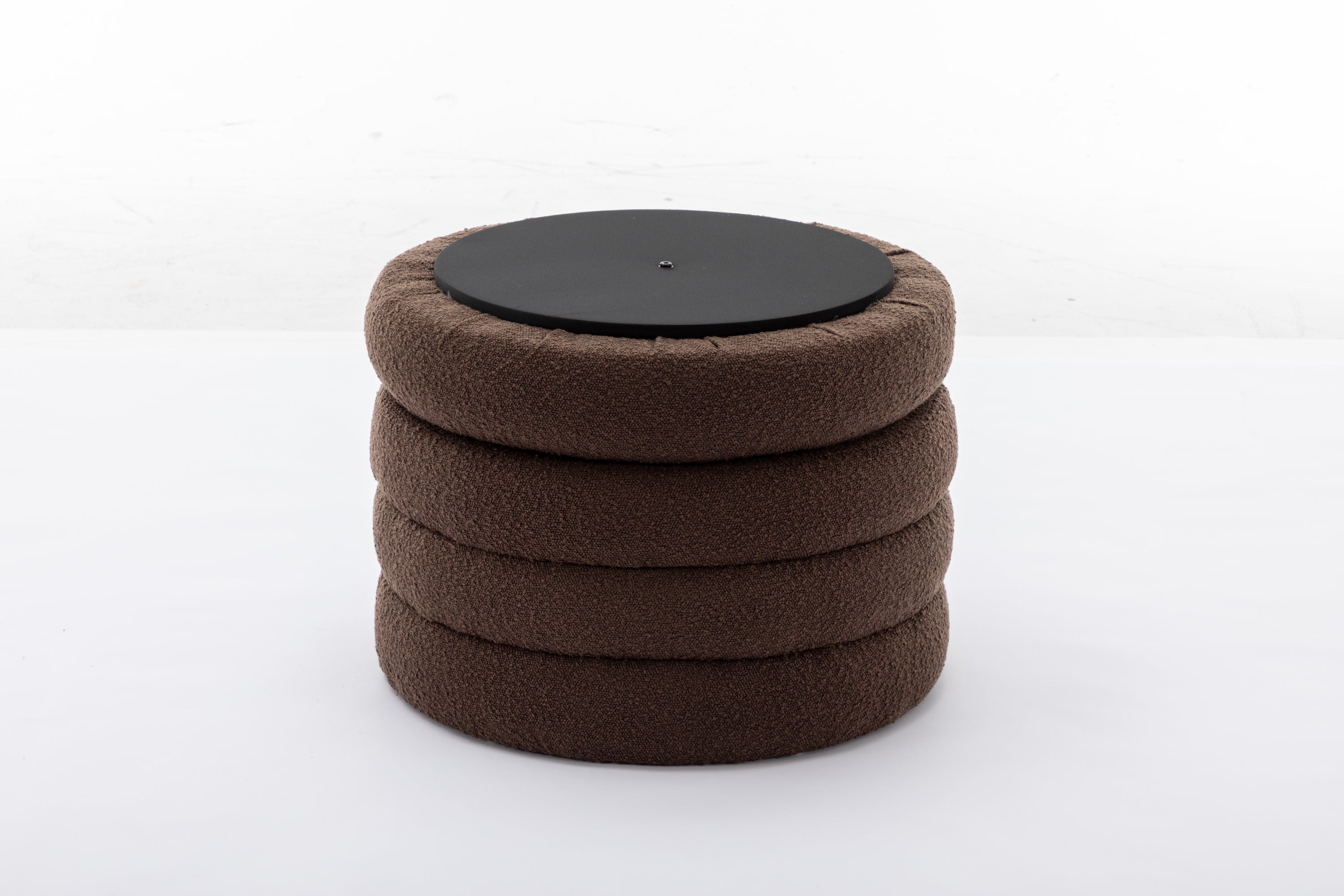 007-Boucle Fabric Storage Round Ottoman Footstool With Wooden Shelving,Brown